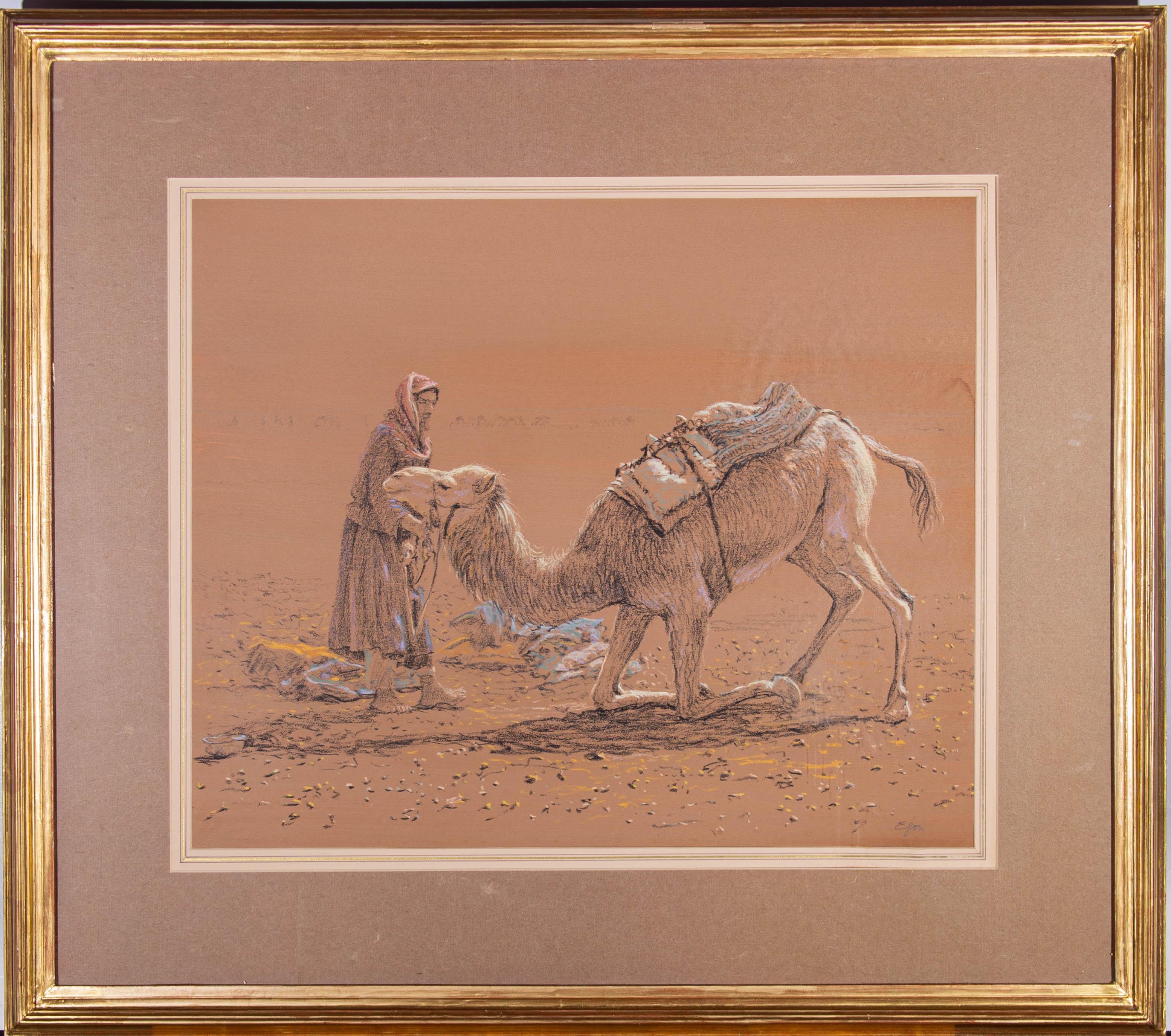 This large pastel drawing depicts a man and his camel in a desert landscape. Signed to the lower right. Presented in a gilt frame. On wove.