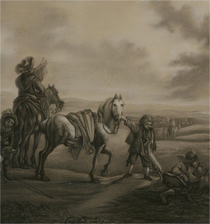 A charcoal and chalk drawing en grisaille depicting a hawking party after Philips Wouwerman (1619-1668). A boy holds the bridle of a horse in the foreground while a dog eagerly jumps up at his chest. Presented in a white mount and a 19th century