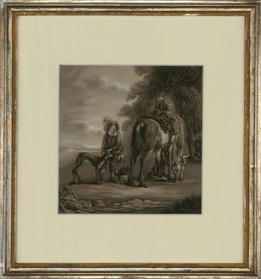 A charcoal and chalk drawing en grisaille depicting a hawking scene after Philips Wouwerman (1619-1668). A man looks up at the sky from beside his horse while a boy holds onto the collar of a hound. Presented in a white mount and a 19th century