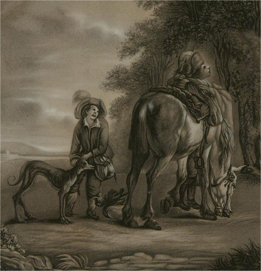 Mariana E. Taylor after Philips Wouwerman - 1869 Charcoal Drawing, Hawking Scene For Sale 1