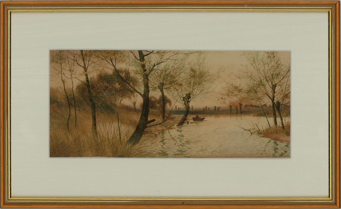 A charming watercolour painting with gouache details by the well-listed artist James Lawson Stewart. The scene depicts a view of river Ouse with a small fishing boat in the distance. Monogrammed to the lower left-hand corner. The title is inscribed