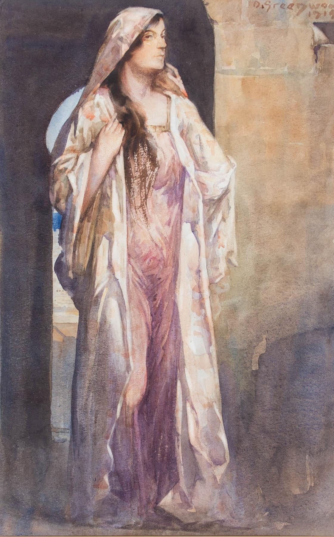 This delightful portrait depicts a lady in a floating dress. Painted in a Greek revival manner, the subject is captured in an stone arched entrance, with fair features and flowing hair. Greenwood's delicate use of watercolour and fine attention