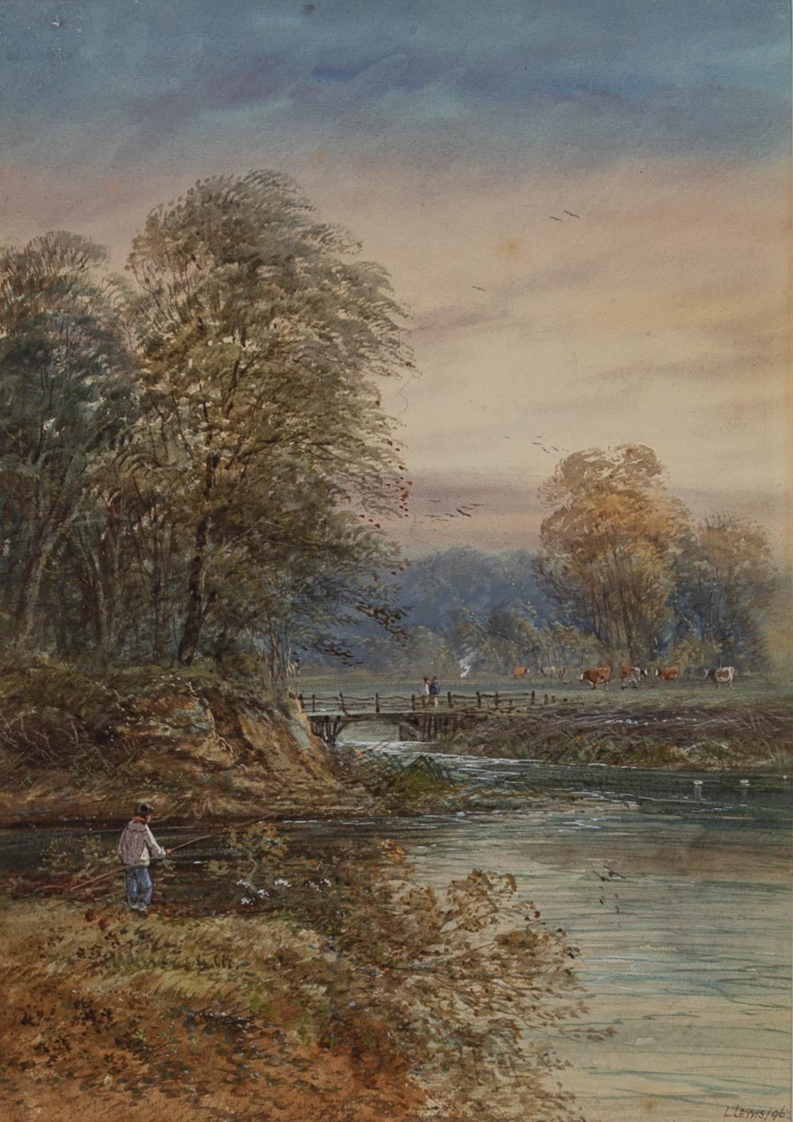 Lennard Lewis RA (1826-1913) - 1896 Acuarela, Pesca al atardecer 1