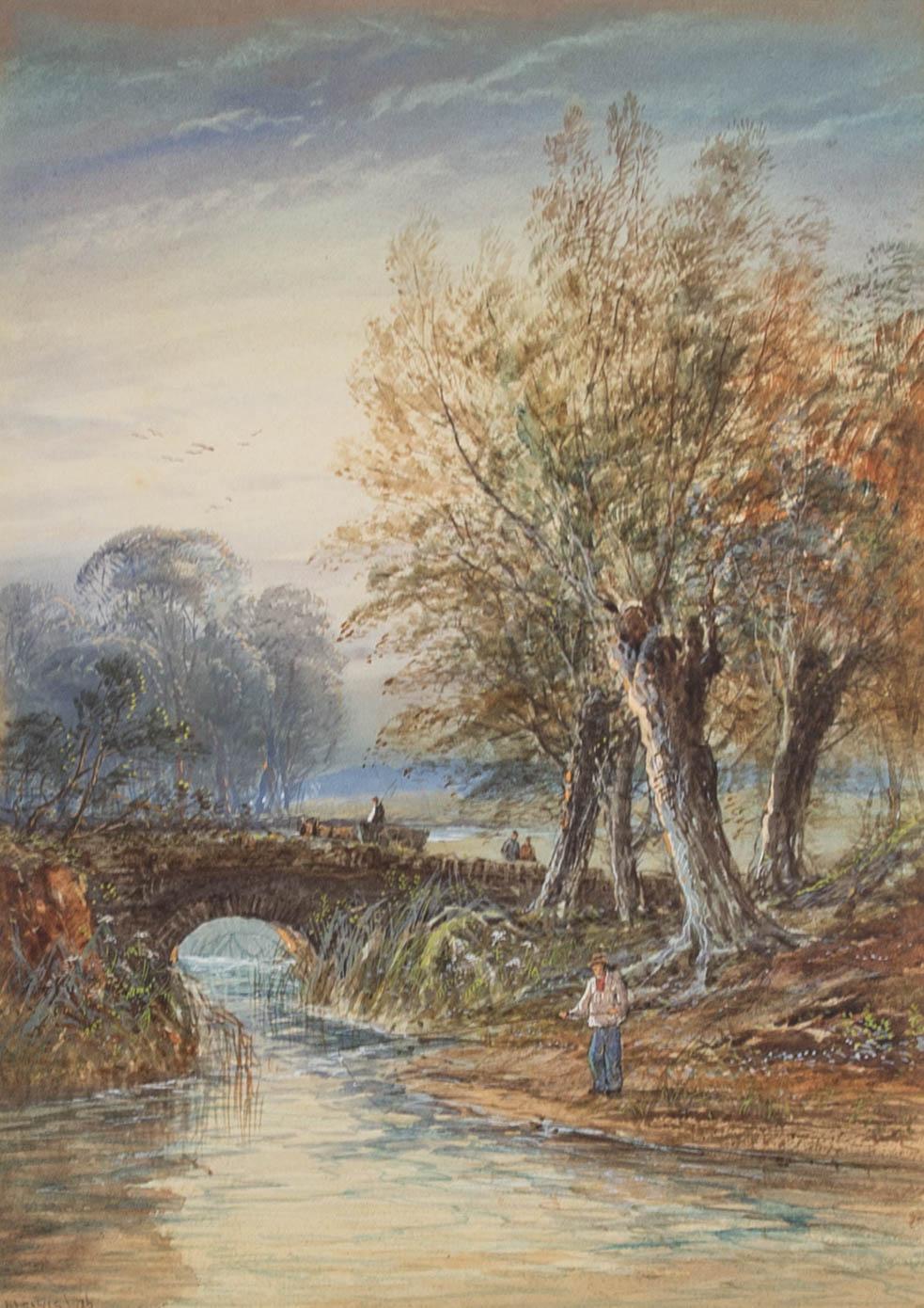 A fine watercolour painting with gouache details by the well-listed artist Lennard Lewis RA, depicting a rural landscape scene with a fisherman and an arch-bridge. Signed and dated to the lower left-hand corner. Well-presented in a wash line card