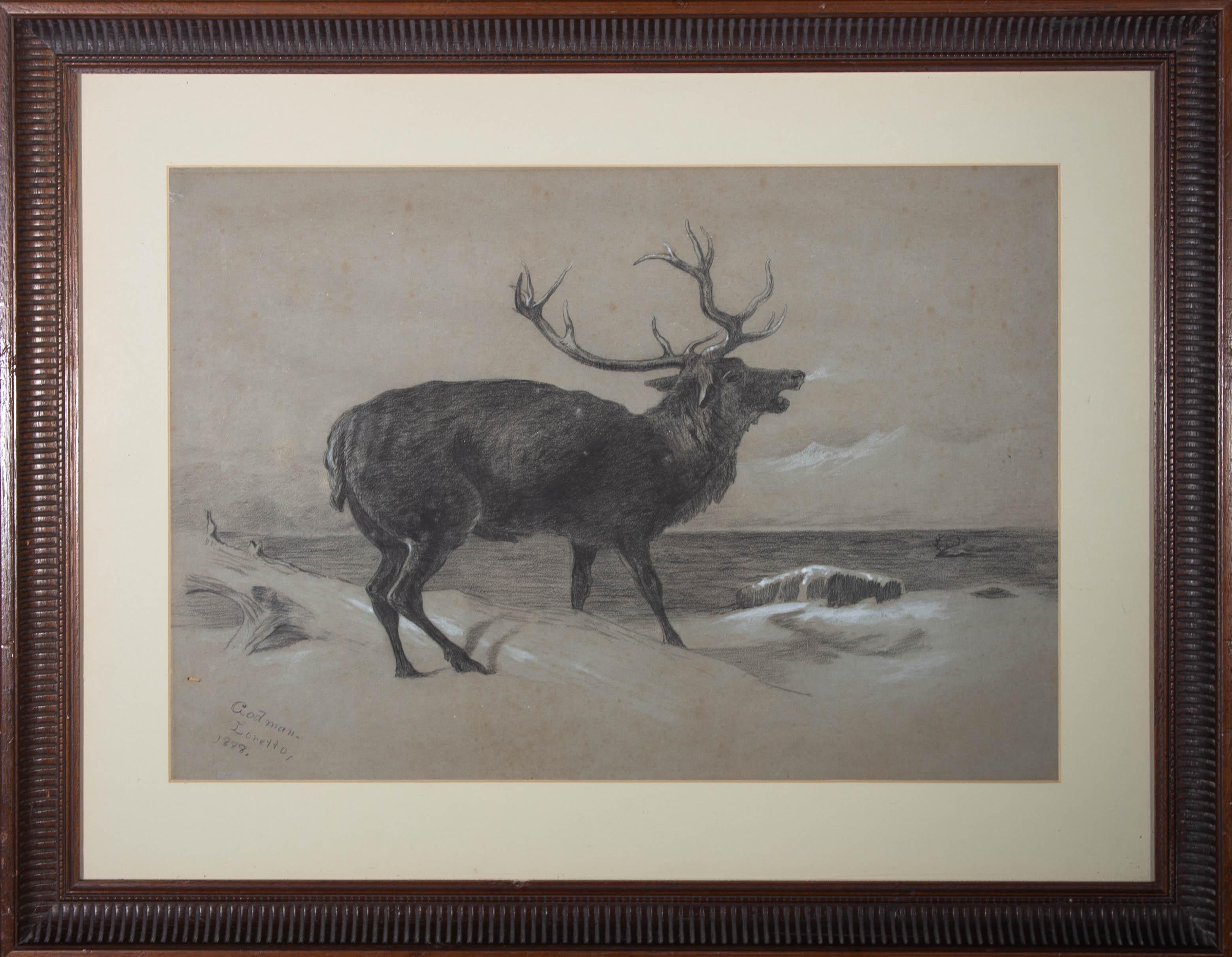Eine eindrucksvolle Kohlestudie aus dem späten 19. Jahrhundert, die einen majestätischen Hirsch zeigt, der im Schnee steht und über das Wasser röhrt. Der Künstler hat links unten signiert und datiert. Die Zeichnung ist in einem Holzrahmen mit