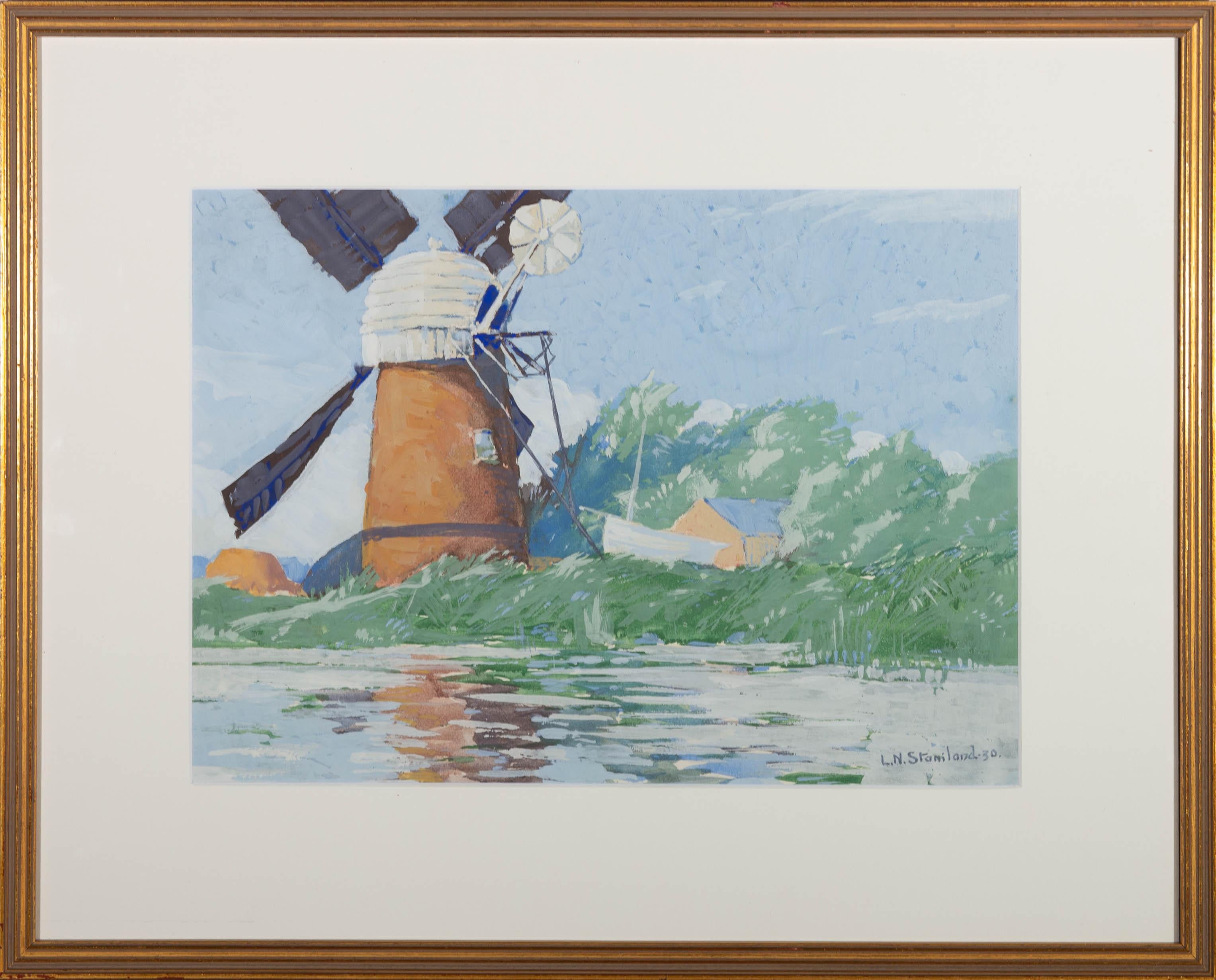 A charming gouache depiction of a windmill on the river on a delightfully bright day. we can see the artist has used impressionistic strokes to create the reflection of the windmill in the water. Signed and dated to the lower right and the work has