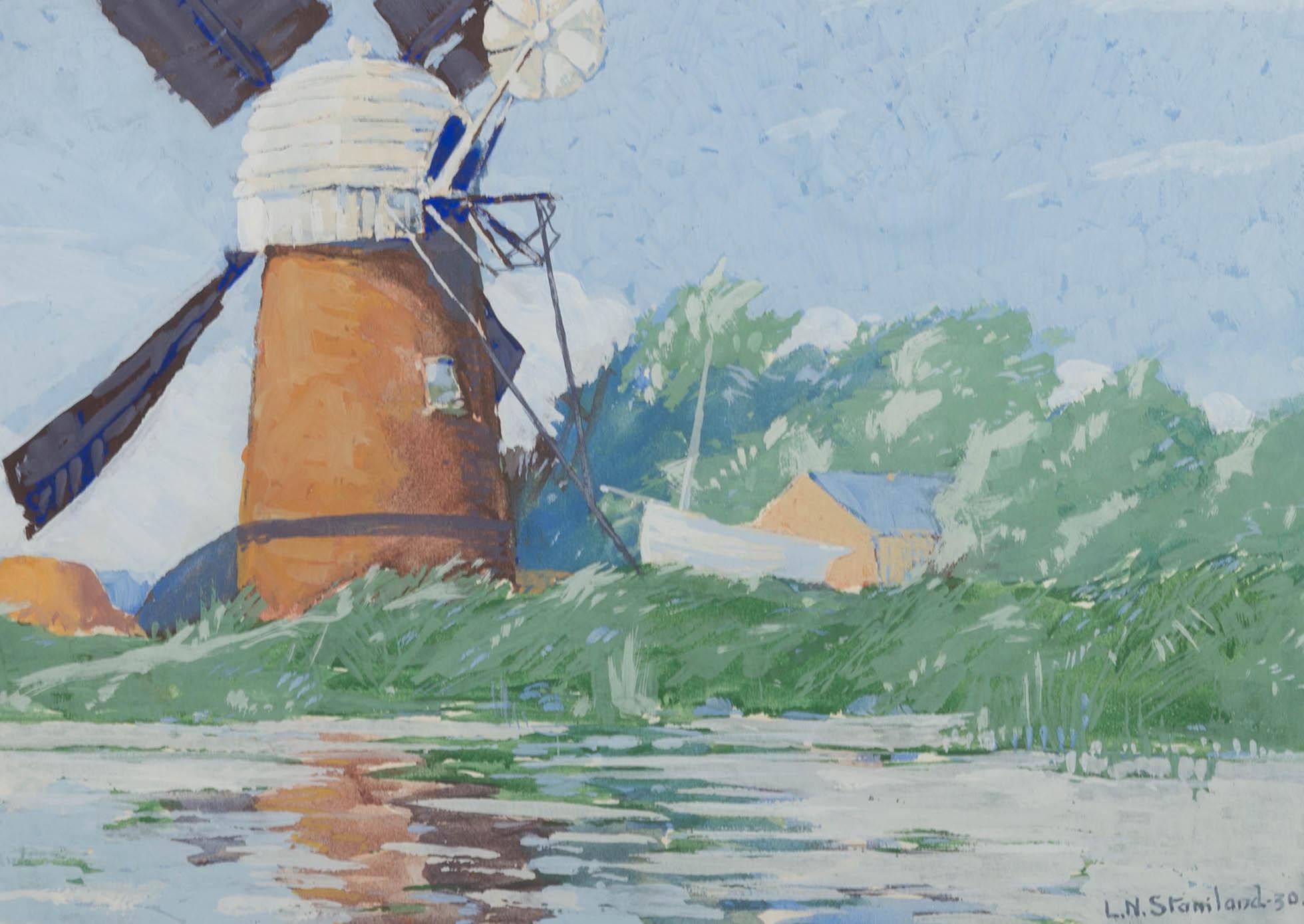 L.N. Staniland - Signed and Dated 1930 Gouache, Windmill on the River For Sale 1