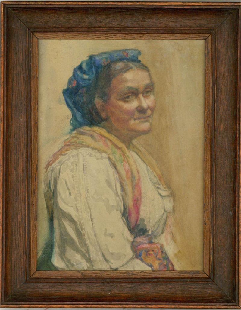 Unknown Portrait - Early 20th Century Watercolour - Lady In A Blue Headscarf
