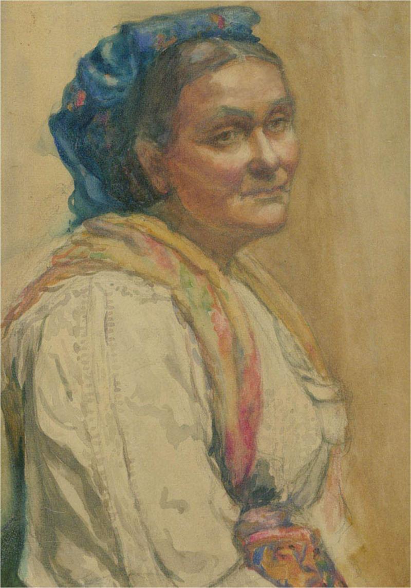 A fine early 20th Century portrait of a woman in a blue gathered headscarf and colourful shawl, gazing into the distance with a world weary stare. The painting is unsigned and inscribed 