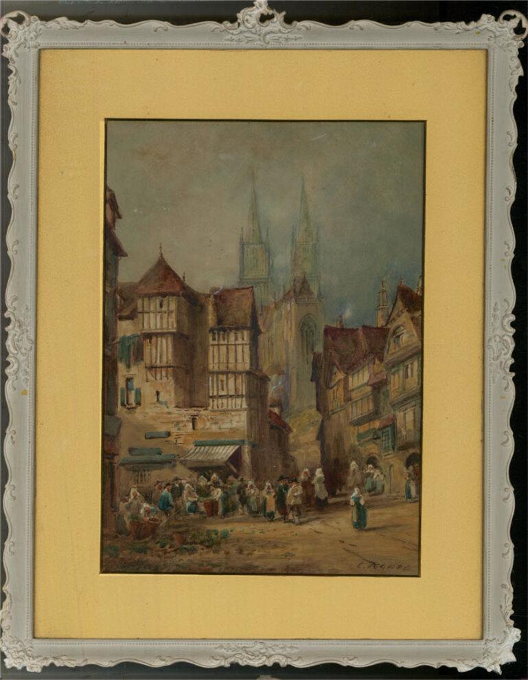 An attractive watercolour painting with gouache details, depicting a busy street scene with a cathedral in the background. Signed to the lower right-hand corner. Presented in a golden card mount and in a white, 19th century Rococo-style frame. On