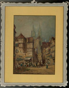 C. Rouse – Aquarell des späten 19. Jahrhunderts, Straßenszene mit Kathedrale