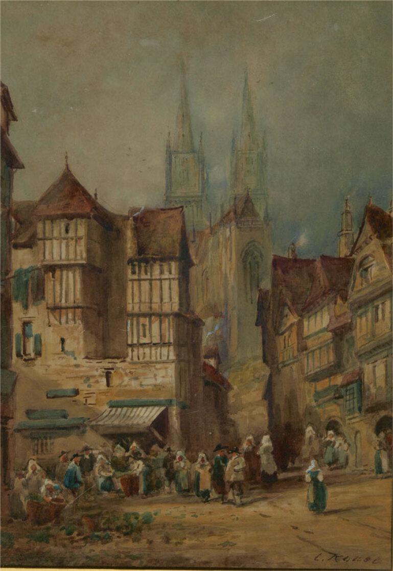 C. Rouse - Late 19th Century Watercolour, Street Scene with Cathedral For Sale 1