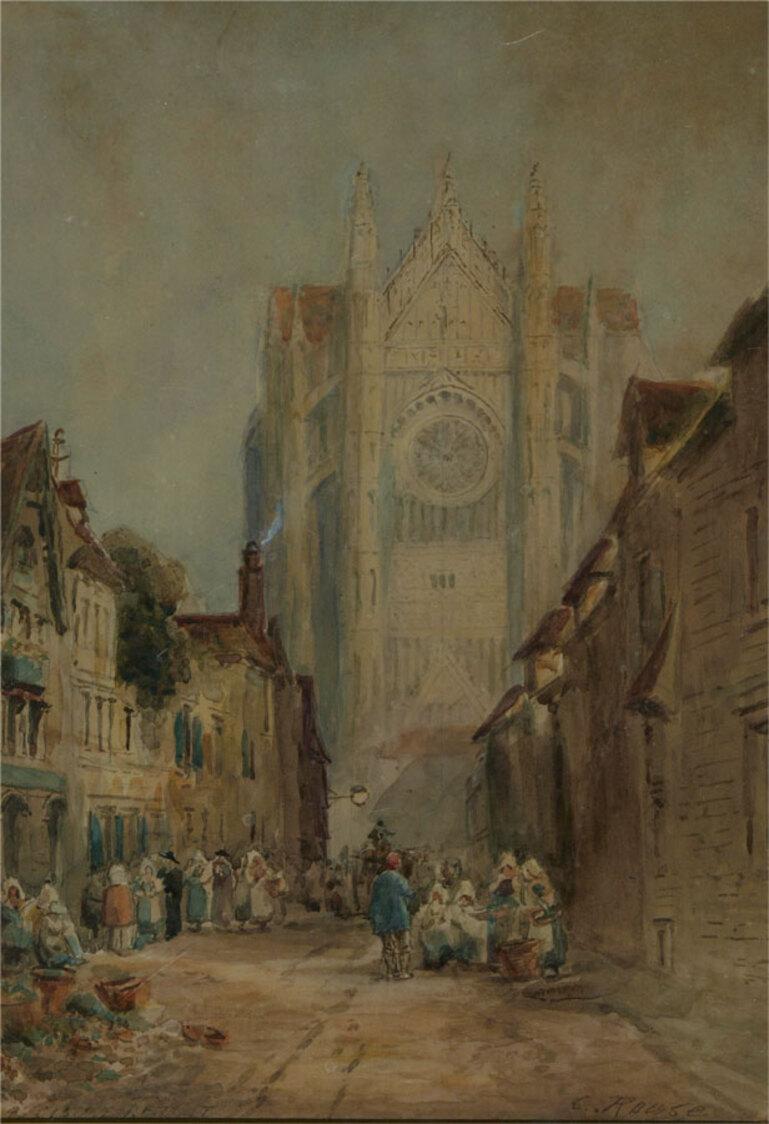 C. Rouse - Late 19th Century Watercolour, Busy Street with Cathedral For Sale 1