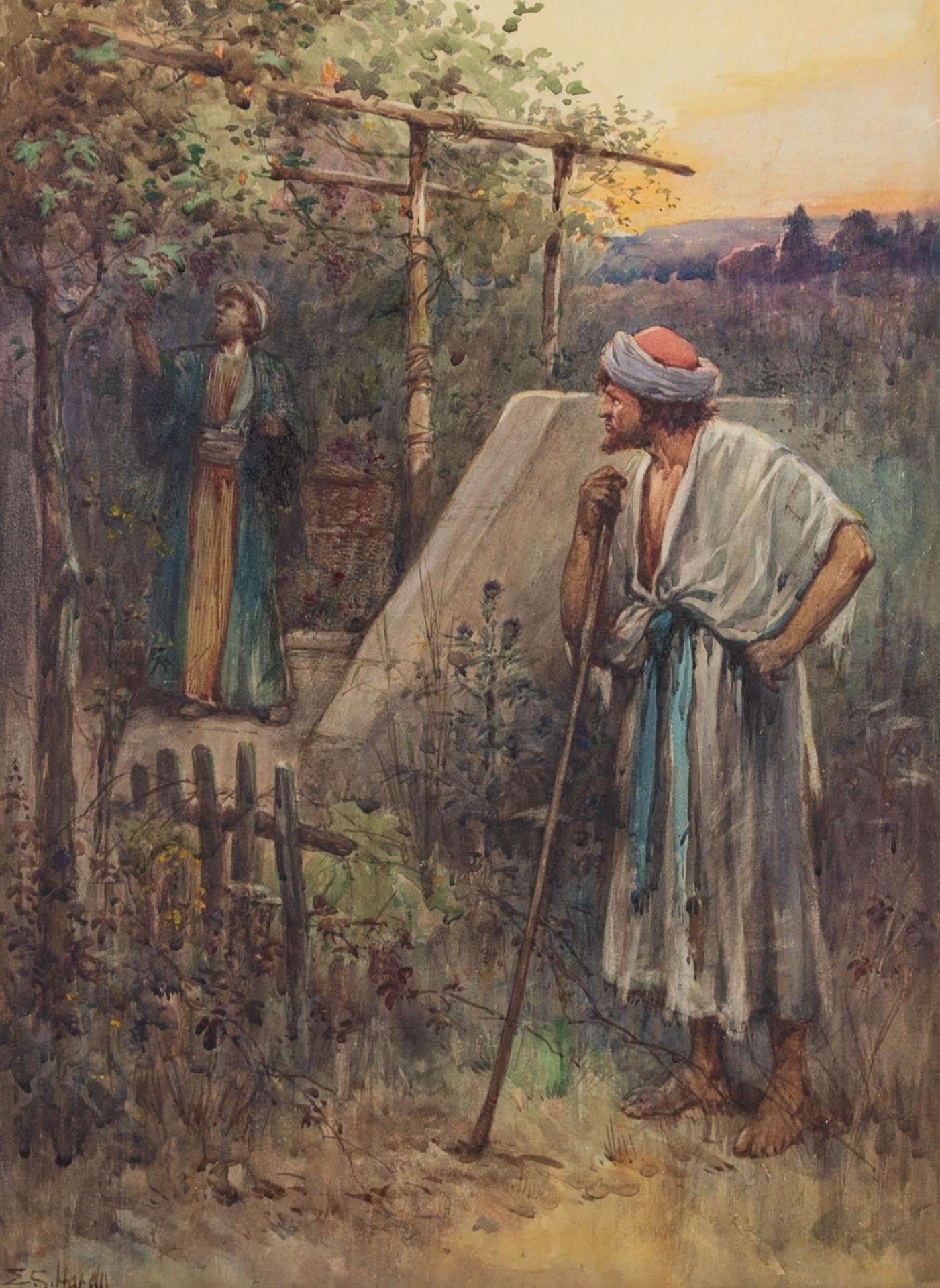 A beautiful early 20th Century watercolor showing a Biblical scene, published in a book of Bible verse for children; the exact story is unclear. Hardy was known for her delicate and highly detailed watercolors that illustrated many children's books