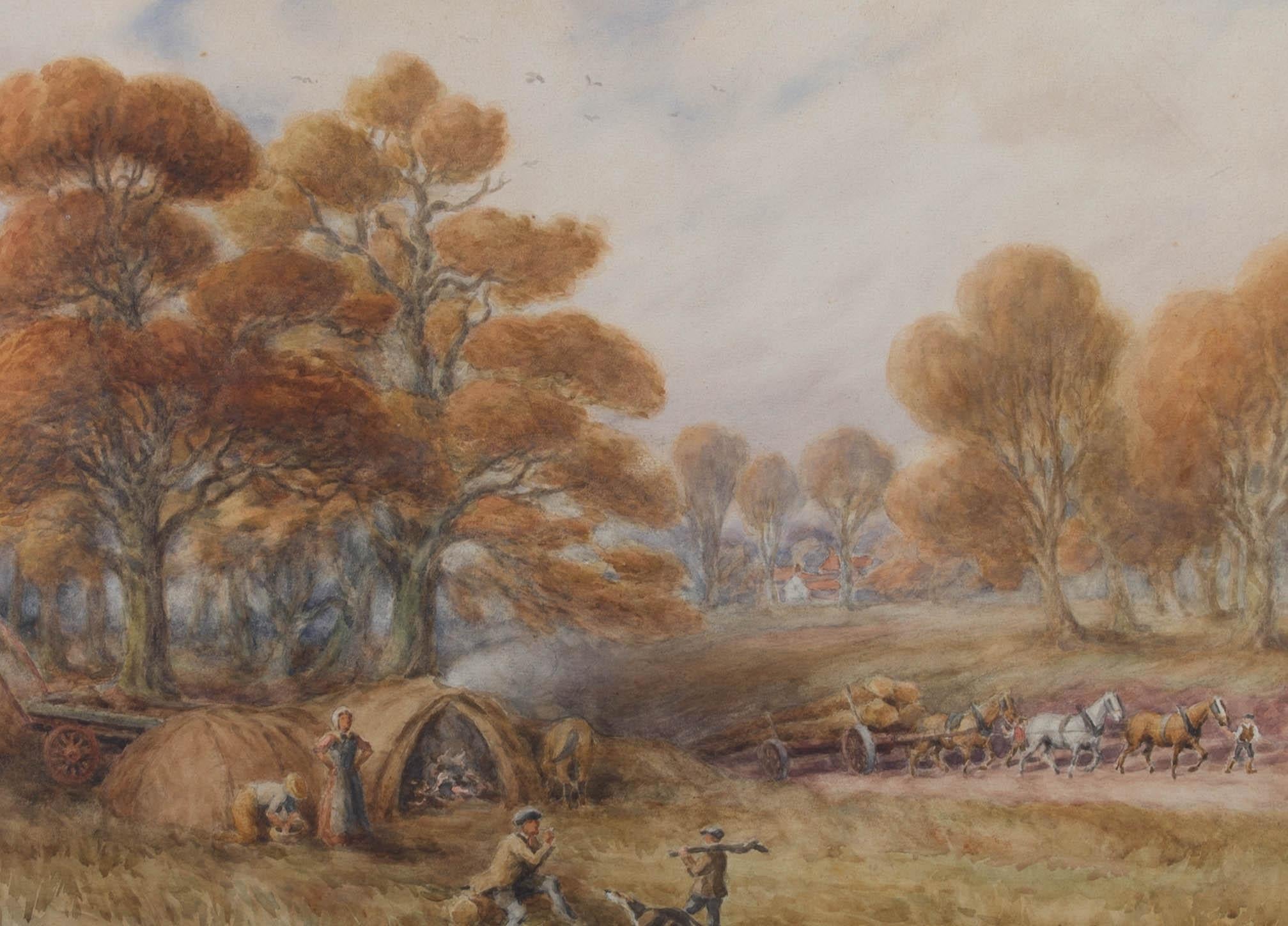 A captivating watercolour painting by the well-listed artist George Anderson Short. The scene depicts a countryside view with figures and a horse-drawn timber wagon in the background. Presented in a wash line card mount and in a wooden frame, as