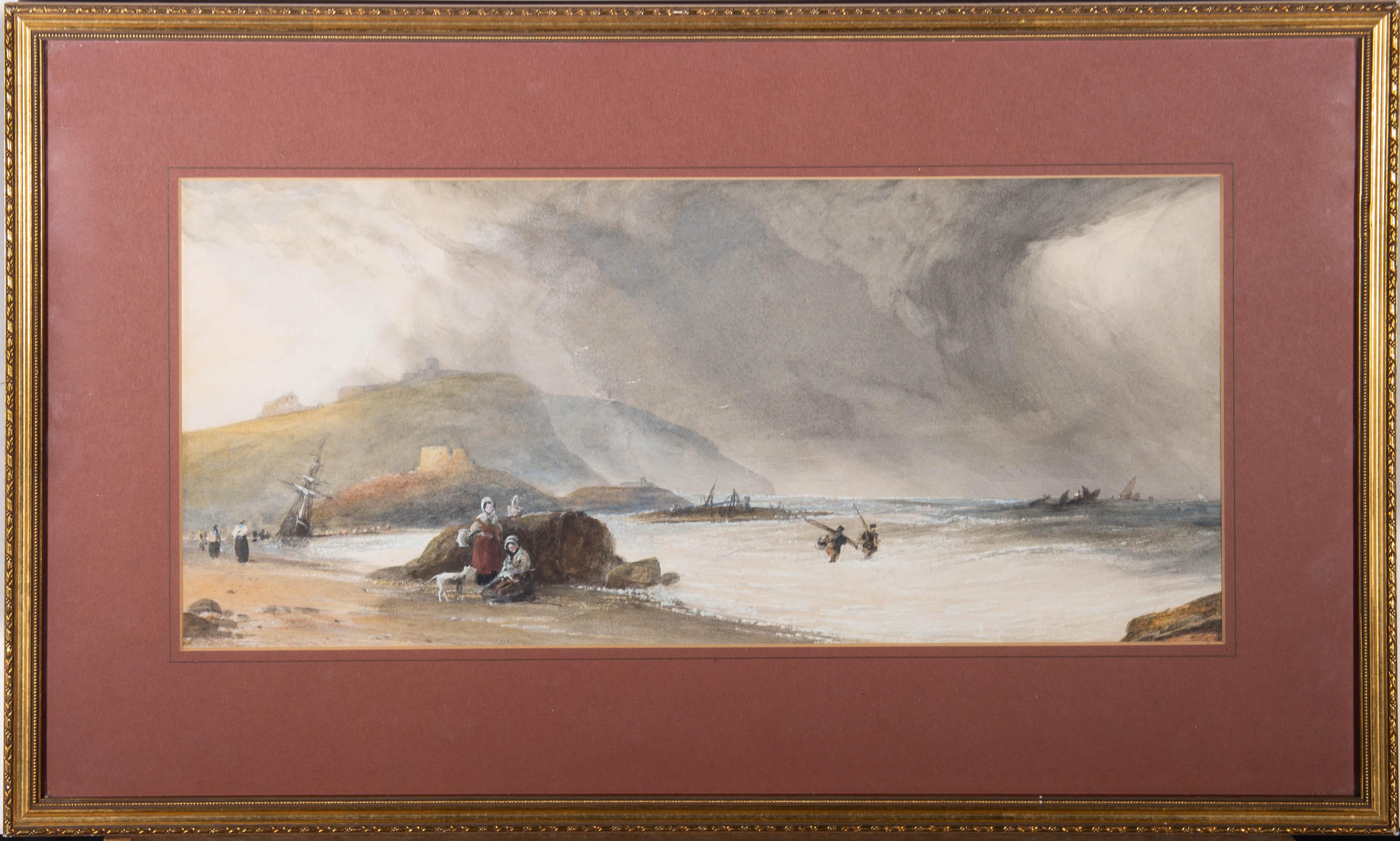 This charming scene depicts figures on the beach carrying fishing poles and baskets. To the distance beached ships are depicted on the shore and castle ruins can be seen atop the coastal cliffs. Signed and dated to the lower right. Presented in a