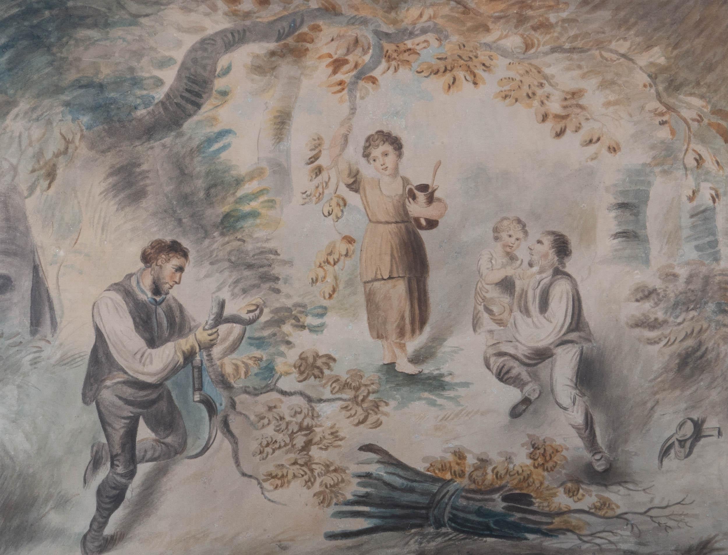Acquerello del primo Ottocento - Scena rurale con abitanti del villaggio - Art di Unknown