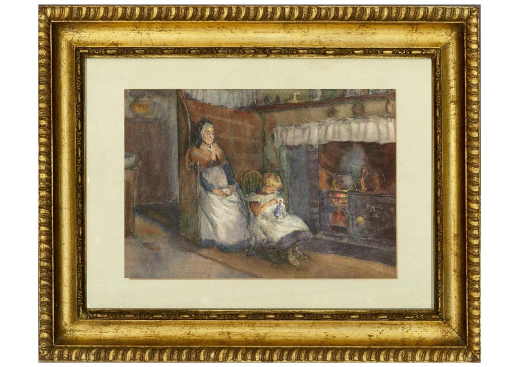 Unknown Interior Art - Late 19th Century Watercolour - Needlework With Grandma