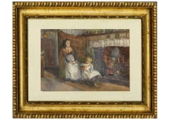 Antique Late 19th Century Watercolour - Needlework With Grandma