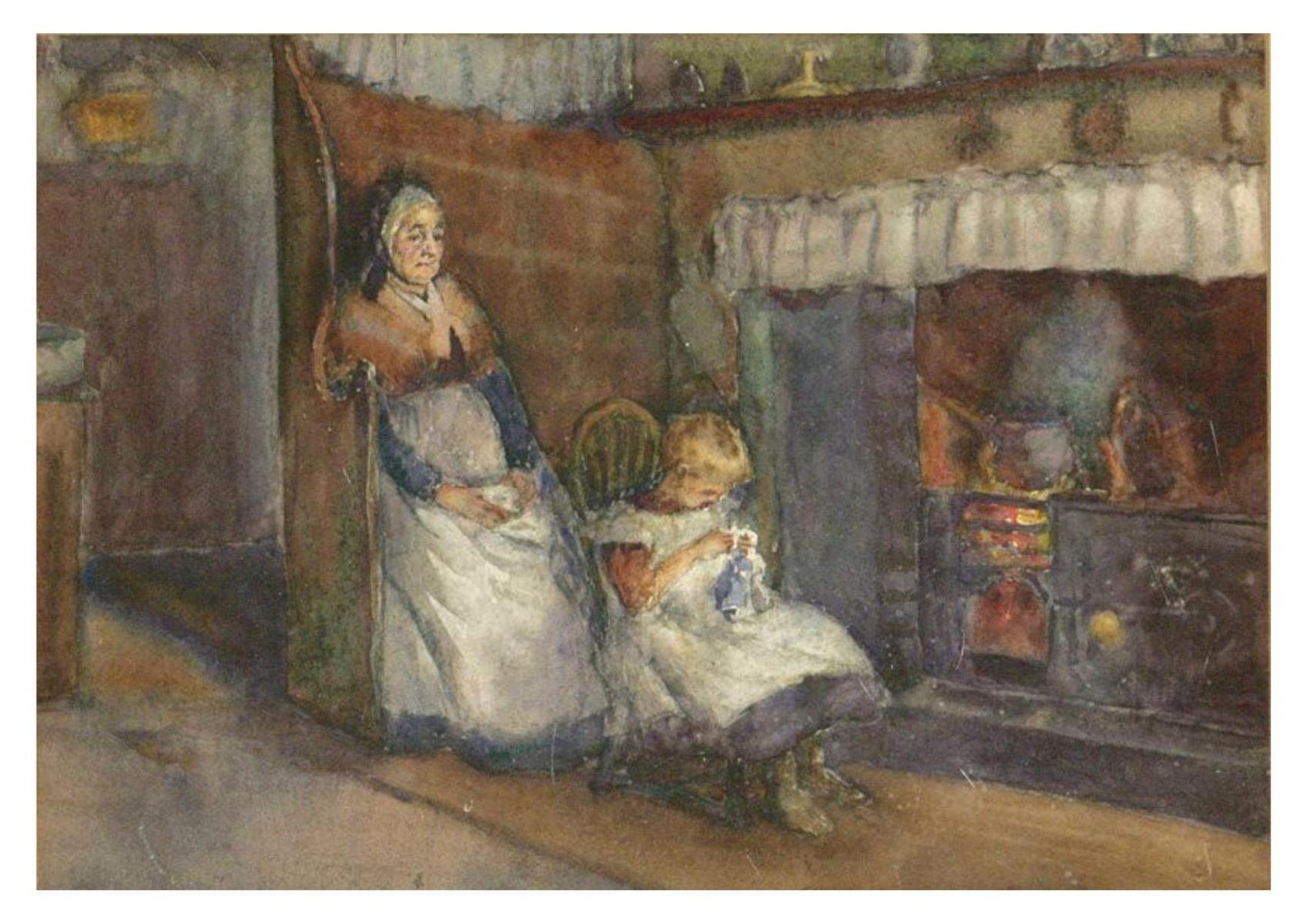 Late 19th Century Watercolour - Needlework With Grandma - Art by Unknown