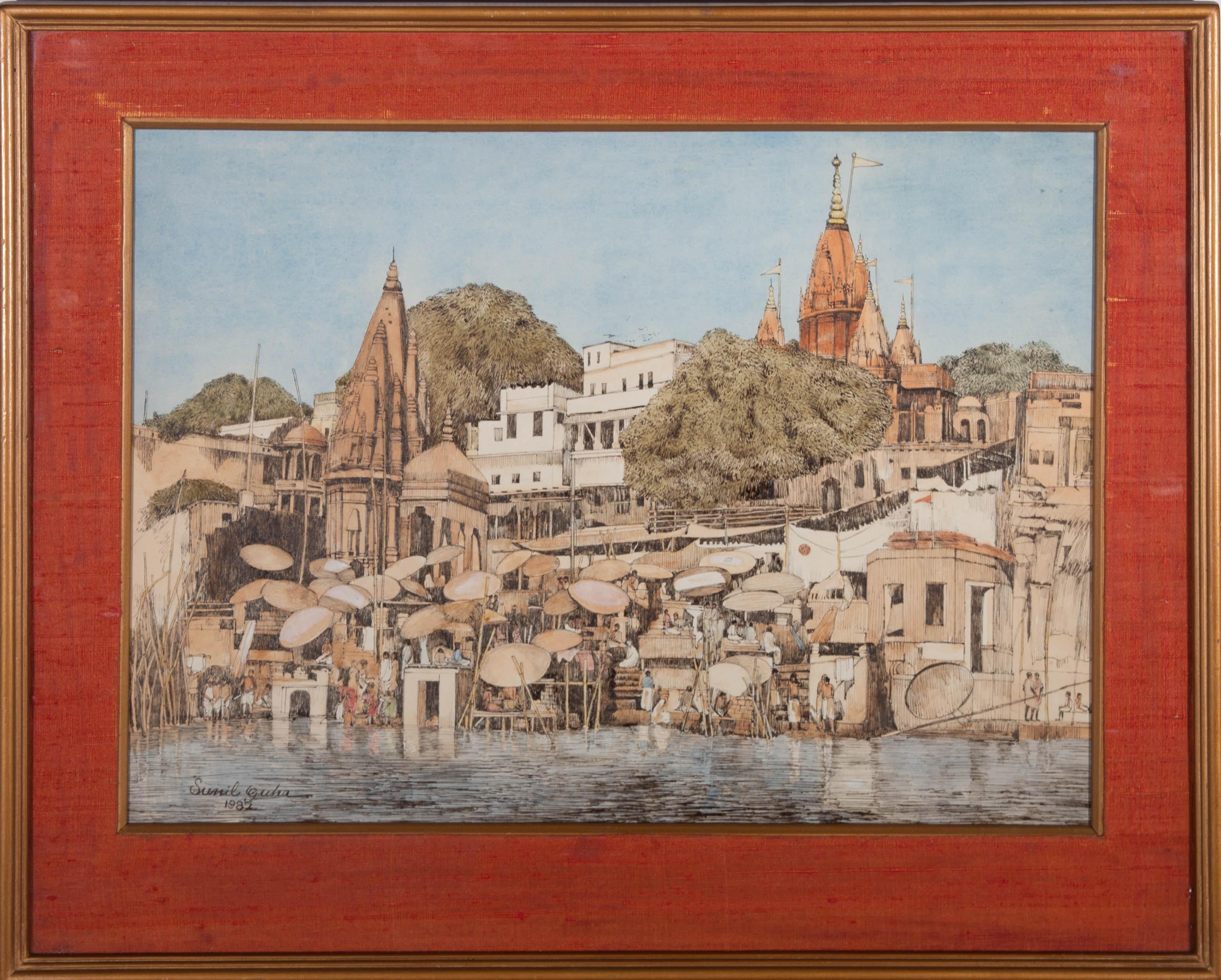 An intriguing watercolour scene of Dasahwamedh Ghat in Varansi. The artist has contrasted the blue sky and water with the pastel orange of the architectural structures which is complimented by the orange linen slip and gold frame. The artist has