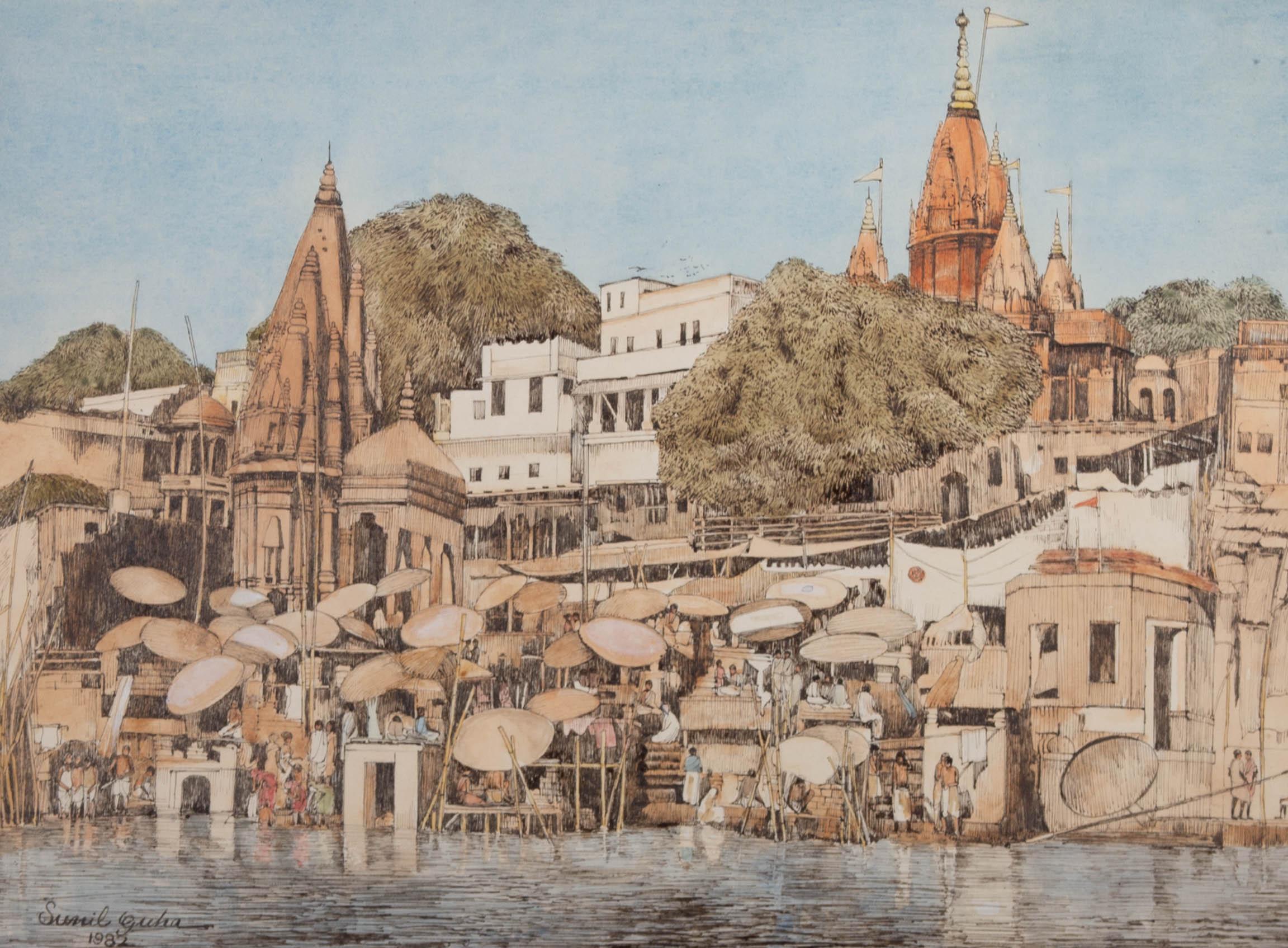 Sunil Guha - Signed and Dated 1982 Watercolour, Dasahwamedh Ghat Varansi, For Sale 1