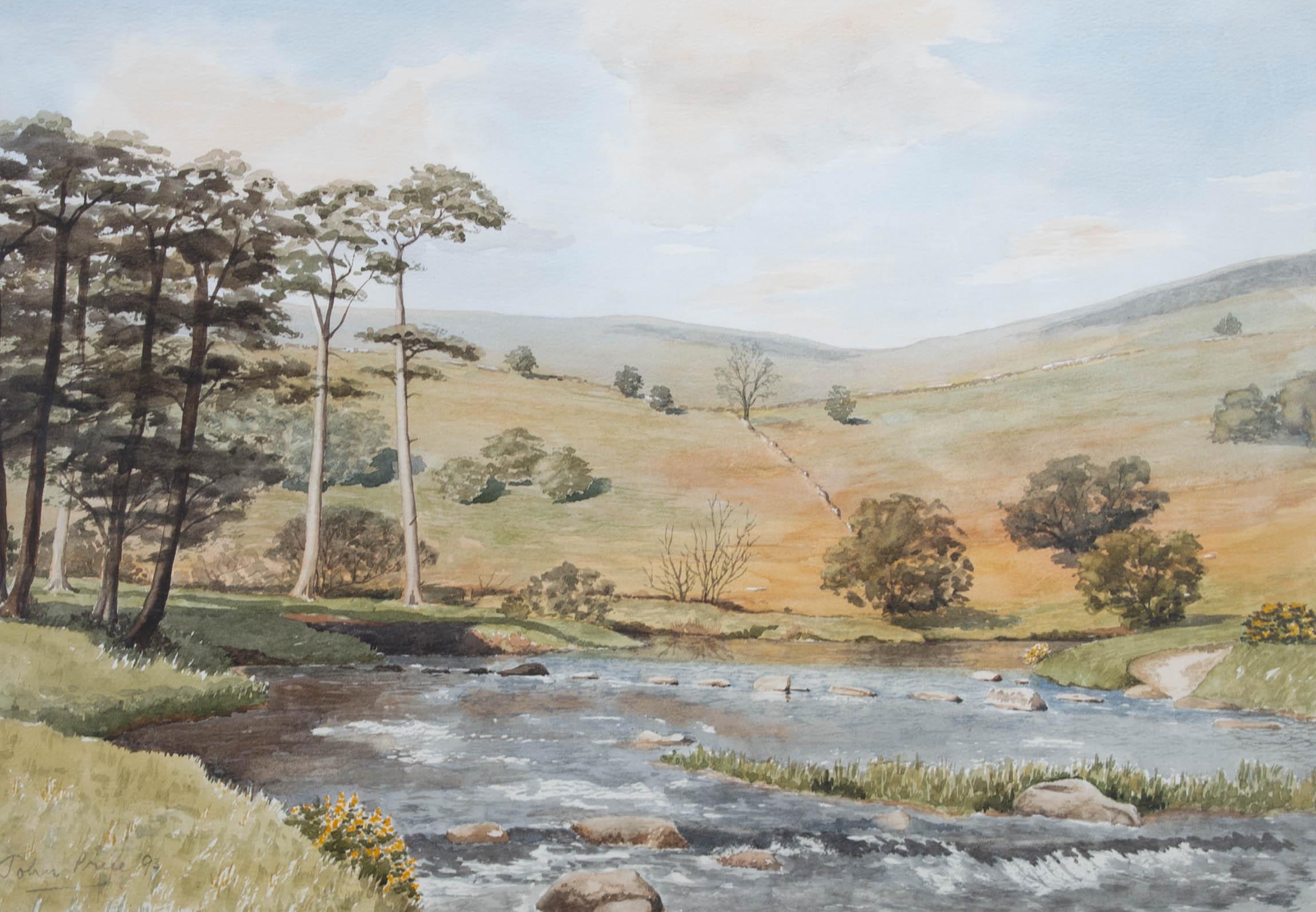 An attractive watercolour painting by John Price, depicting a landscape river scene with trees in the background. Signed and dated to the lower left-hand corner. Presented in a cream card mount and in a speckled, gilt-effect frame, as shown. On