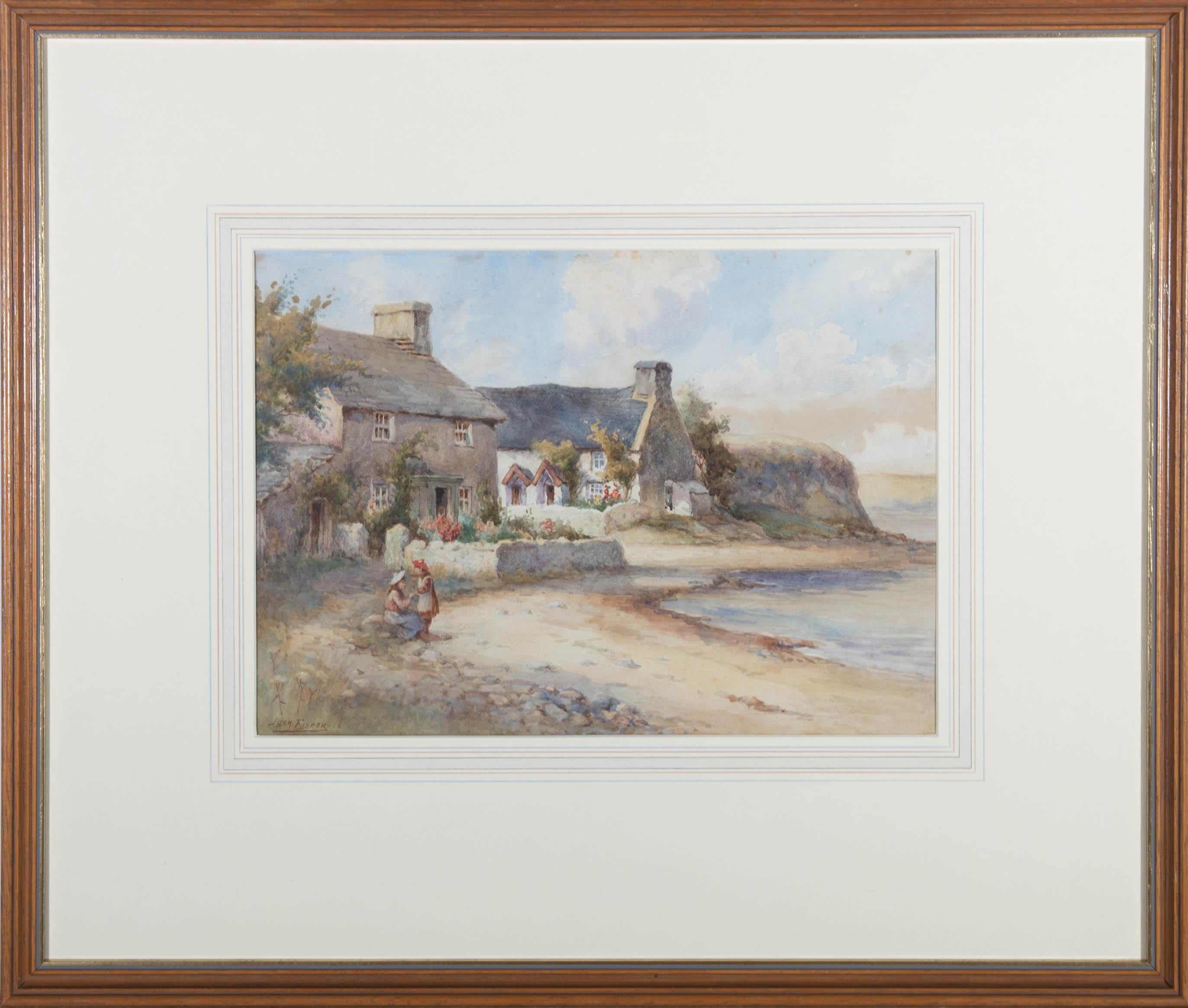 A fine and accomplished watercolour painting by the well-listed artist Joshua Fisher. The scene depicts coastal cottages with two young girls by the shore. Signed and dated to the lower left-hand corner. There is a label on the reverse inscribed