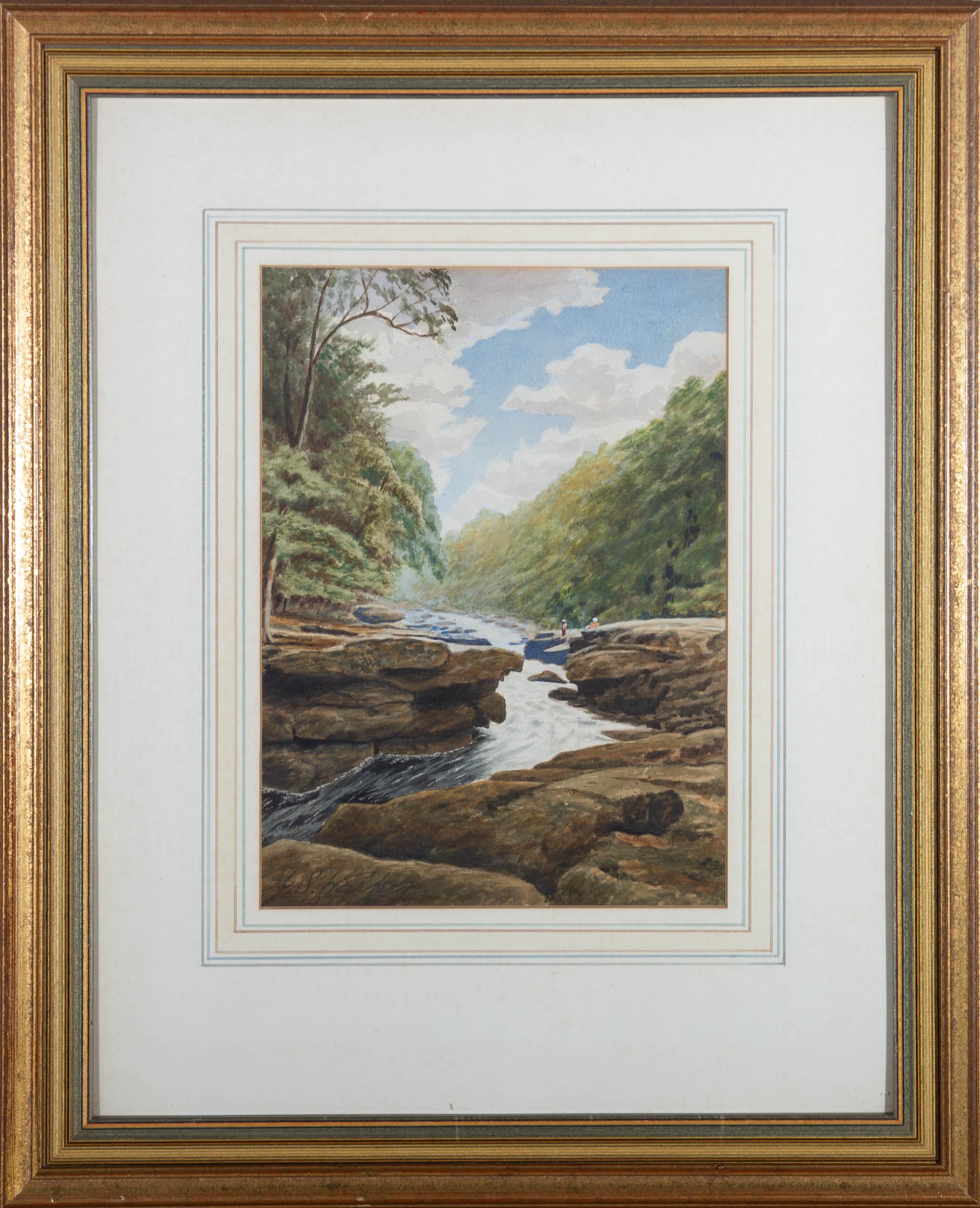 Eine bezaubernde Aquarellszene, die die Kraft der Flüsse der Natur im Vergleich zu den kleinen Figuren zeigt, die über dem Fluss sitzen. Wir können sie gerade noch inmitten dieser weiten Landschaft sehen, während die Bäume sie überragen und das