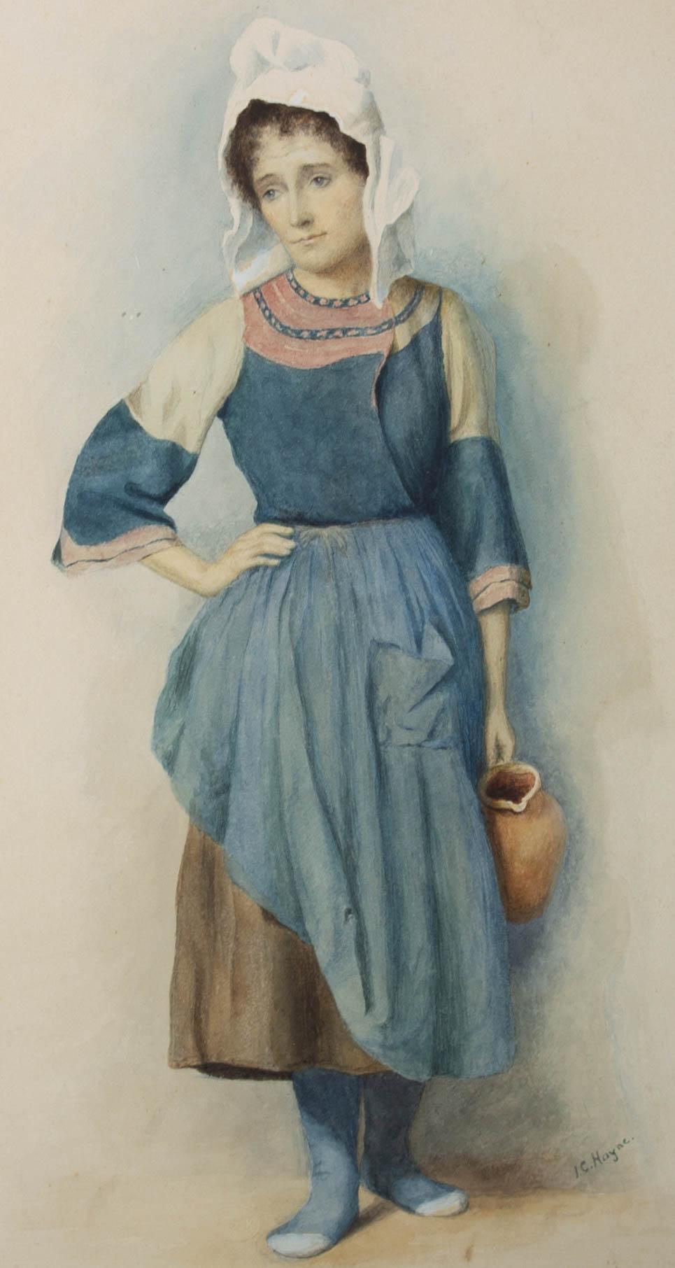 A charming portrait of a milkmaid in a blue dress and white bonnet. She holds an earthenware jug in one hand and places the other on her hip. Painted in fine detail, the artist has captured the woman's morose but gentle expression. Signed to the