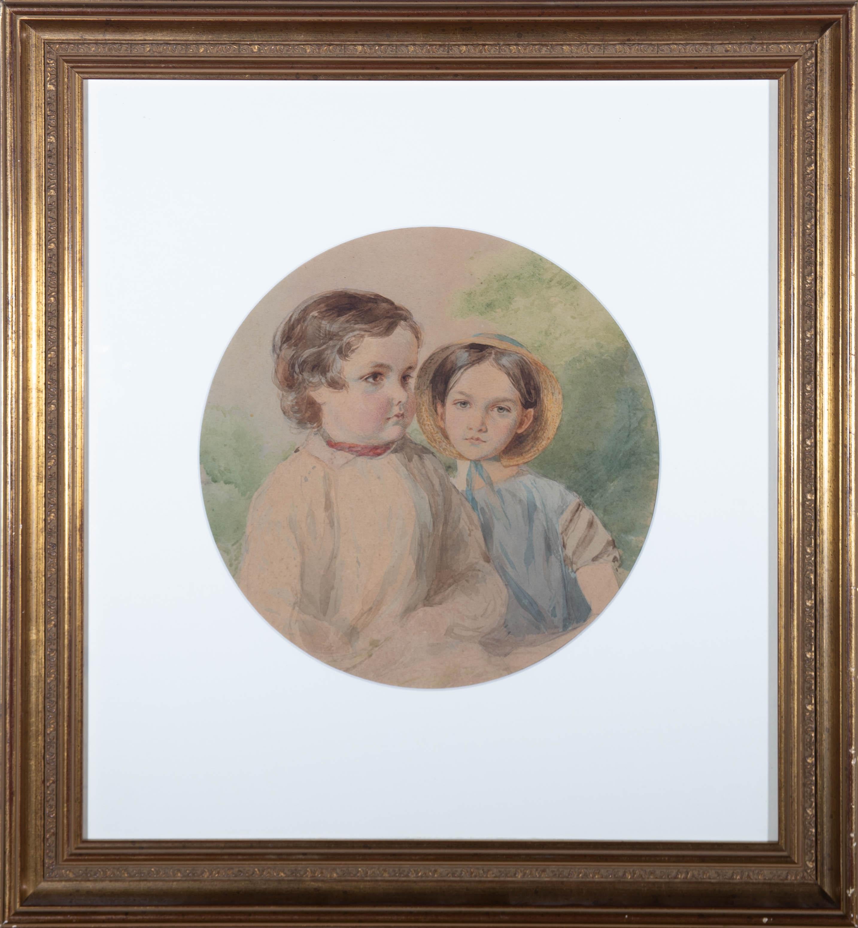 A beautifully delicate Victorian portrait of two siblings. Information to the reverse of the frame indicates the possibility that the children are John and Rose Herschel, the children of the astronomer, John Herschel (1792 -1871). The information