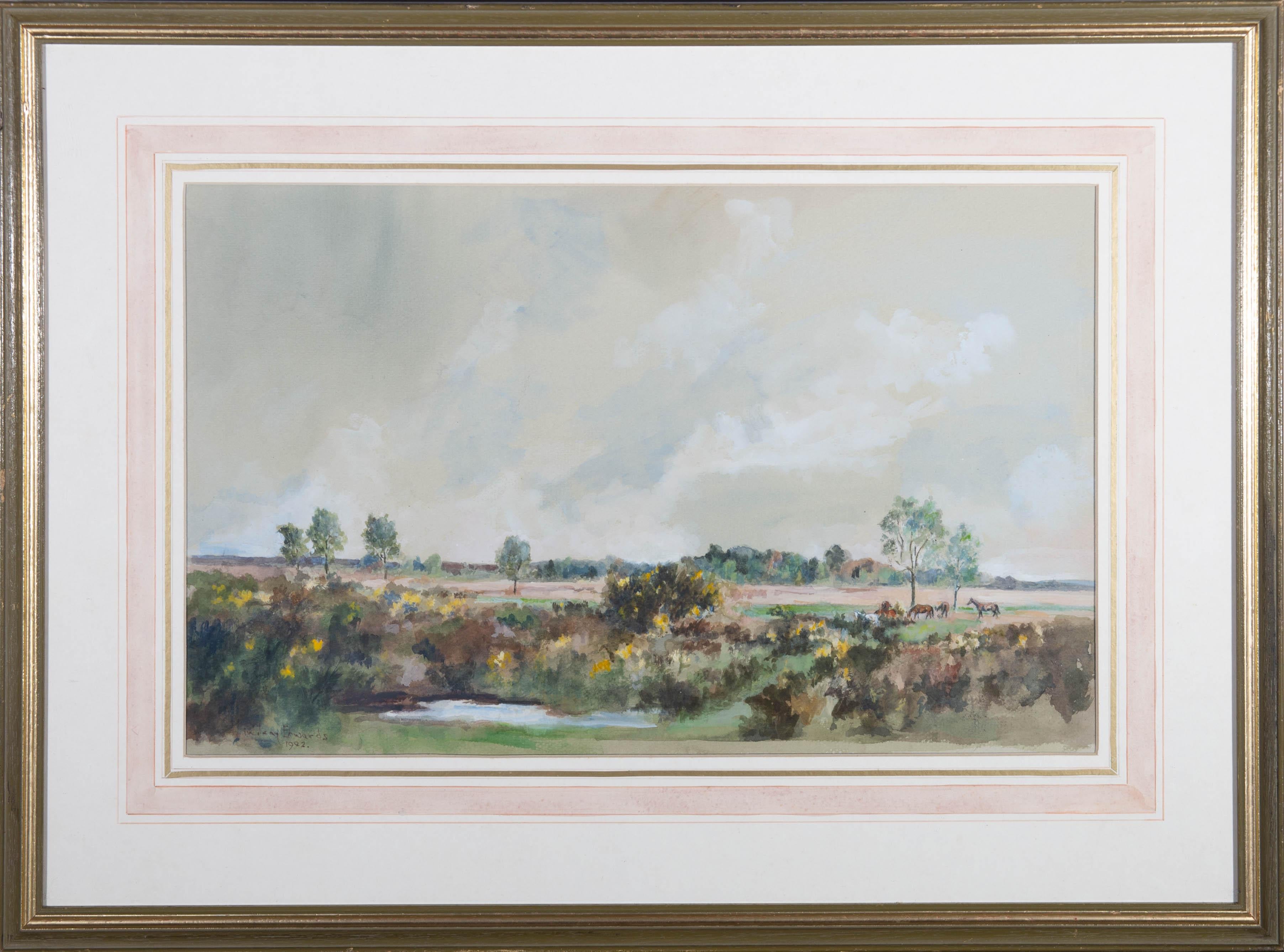 A charming watercolour scene of Deadman Hill in the New Forest, In it we can see a small lake surrounded by shrubbery along with some horses in the distance enjoying the time in the sunshine. Well presented in a card mount and sleek frame. Signed