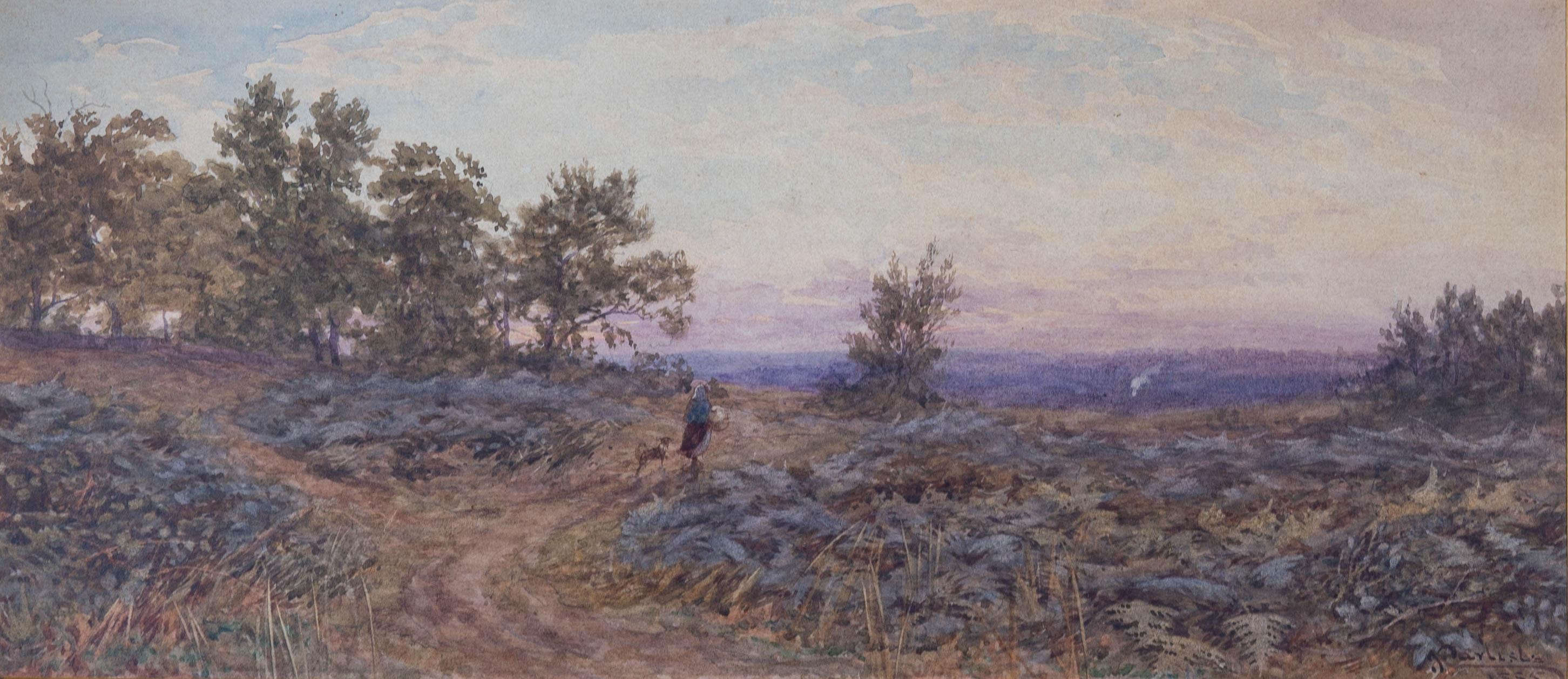 A beautiful late 19th Century landscape in watercolour, showing a woman walking home with a basket, her dog by her side, under a delicate dusk sky. The artist has signed and dated to the lower right and the panting has been presented in a late 19th
