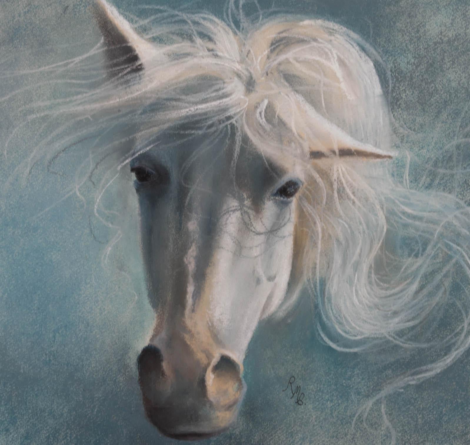 An ethereal equine portrait showing a white horse with mane flowing in an icy breeze. The artist has initialed to the lower right corner and the portrait has been presented in a contemporary white frame with card mount. The artist's card is at the