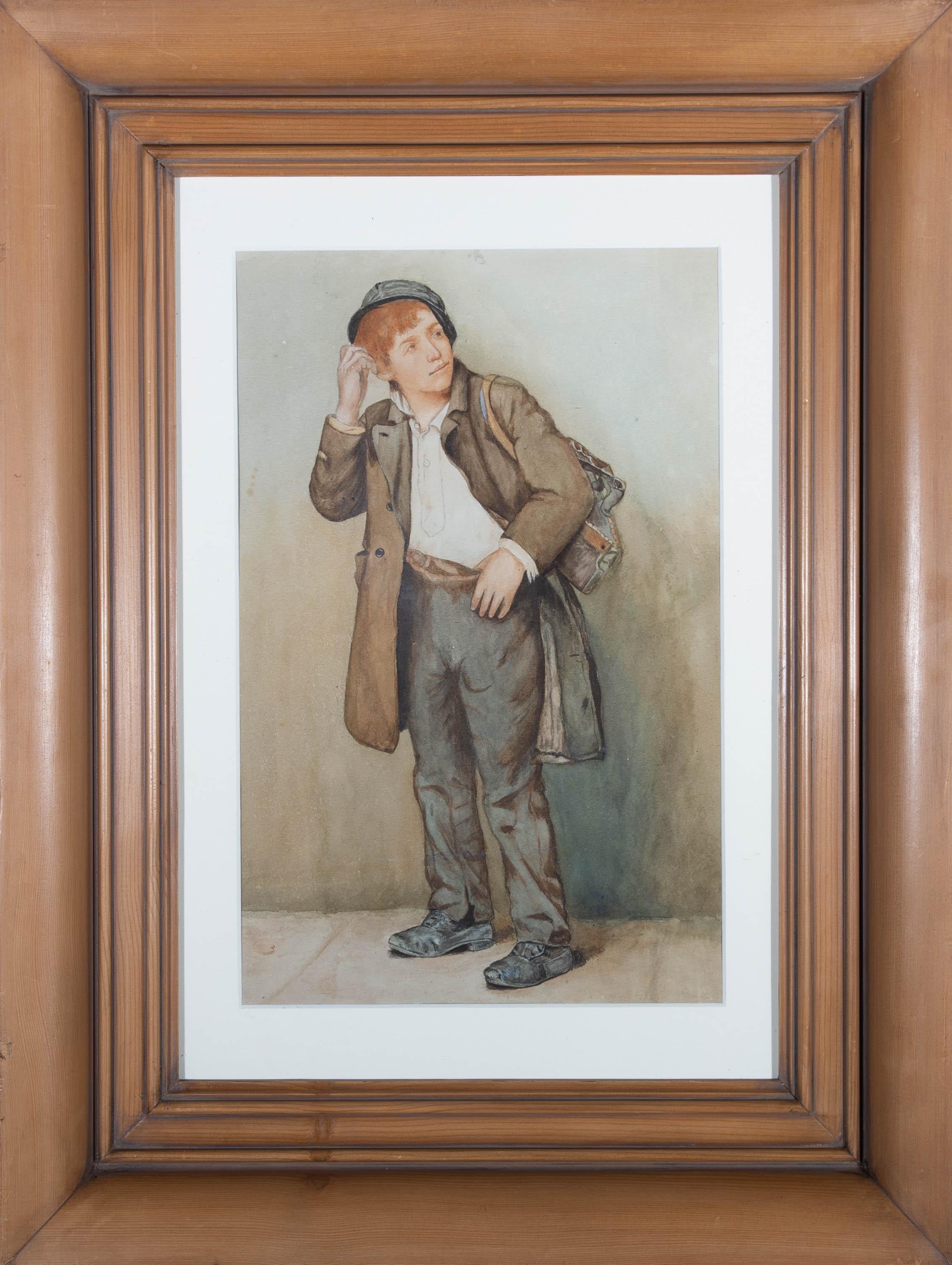 Unknown Portrait – Aquarell des frühen 20. Jahrhunderts – Schnörkelnder junger Lamm