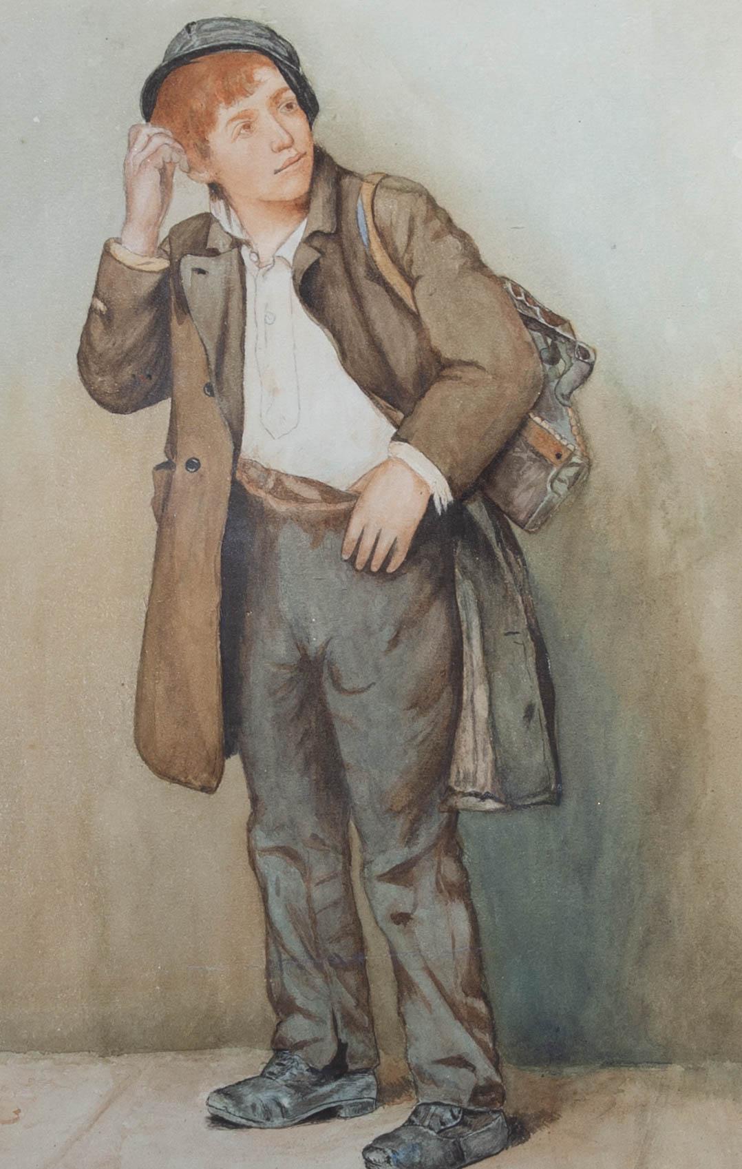 A charming full length watercolour portrait of a young boy, scruffily dressed with crumpled trousers and unlaced shoes. the carries a satchel over his shoulder and scratches his head as the looks playfully over his shoulder. The painting is unsigned