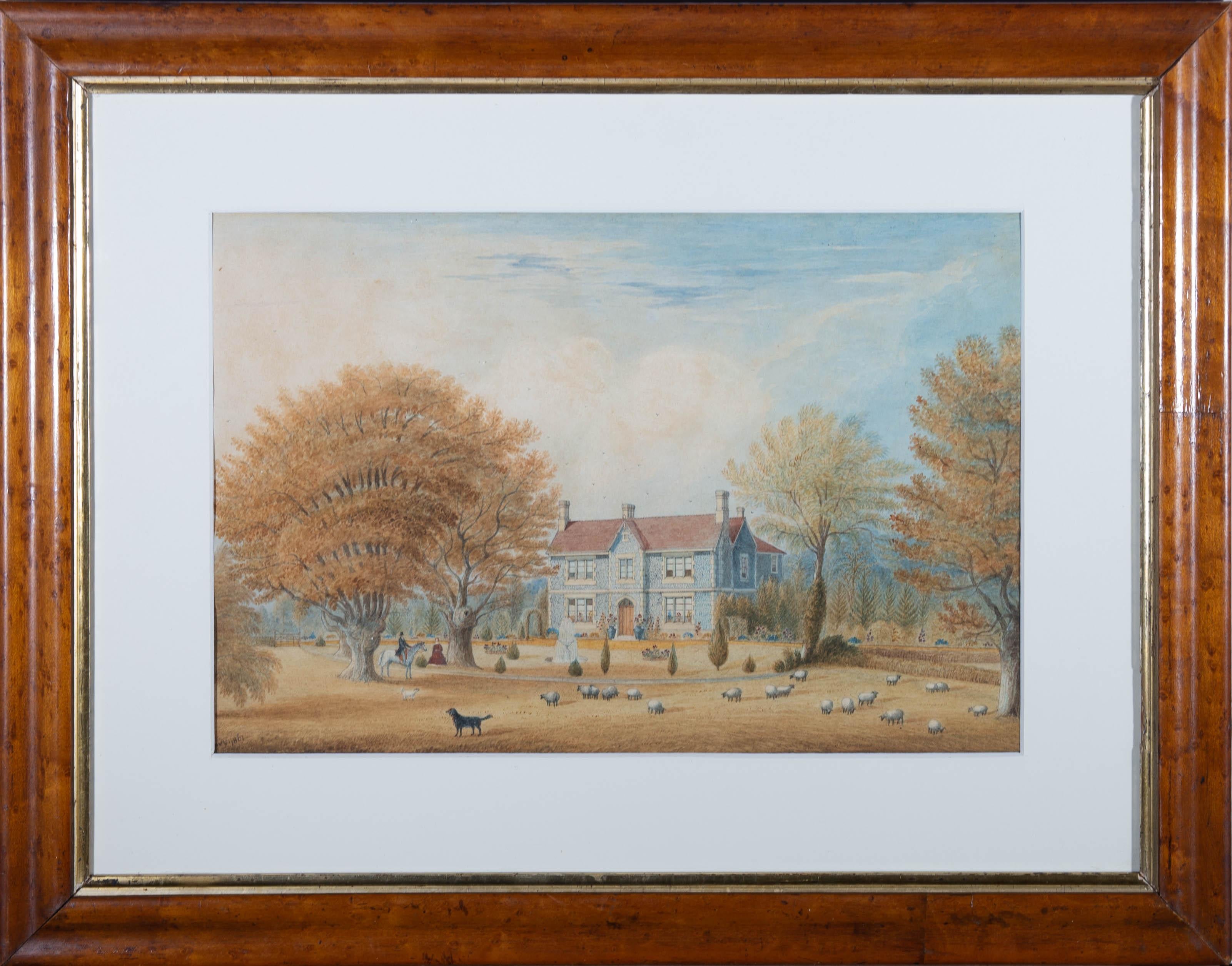 This charming watercolour scene depicts a man on horseback looking over the grounds of a country house. The grand manor house is at the centre of the composition, surrounded by blooming summer flowers. In the foreground a herd of sheep graze on the
