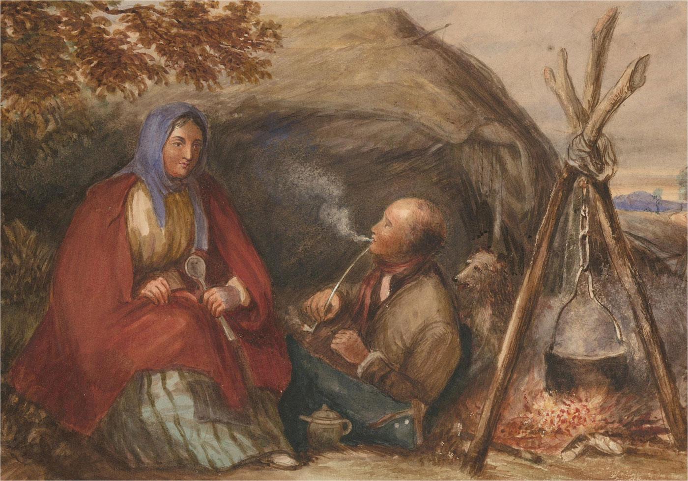 Unknown Figurative Art - Mid 19th Century Watercolour - Travellers Beside a Fire