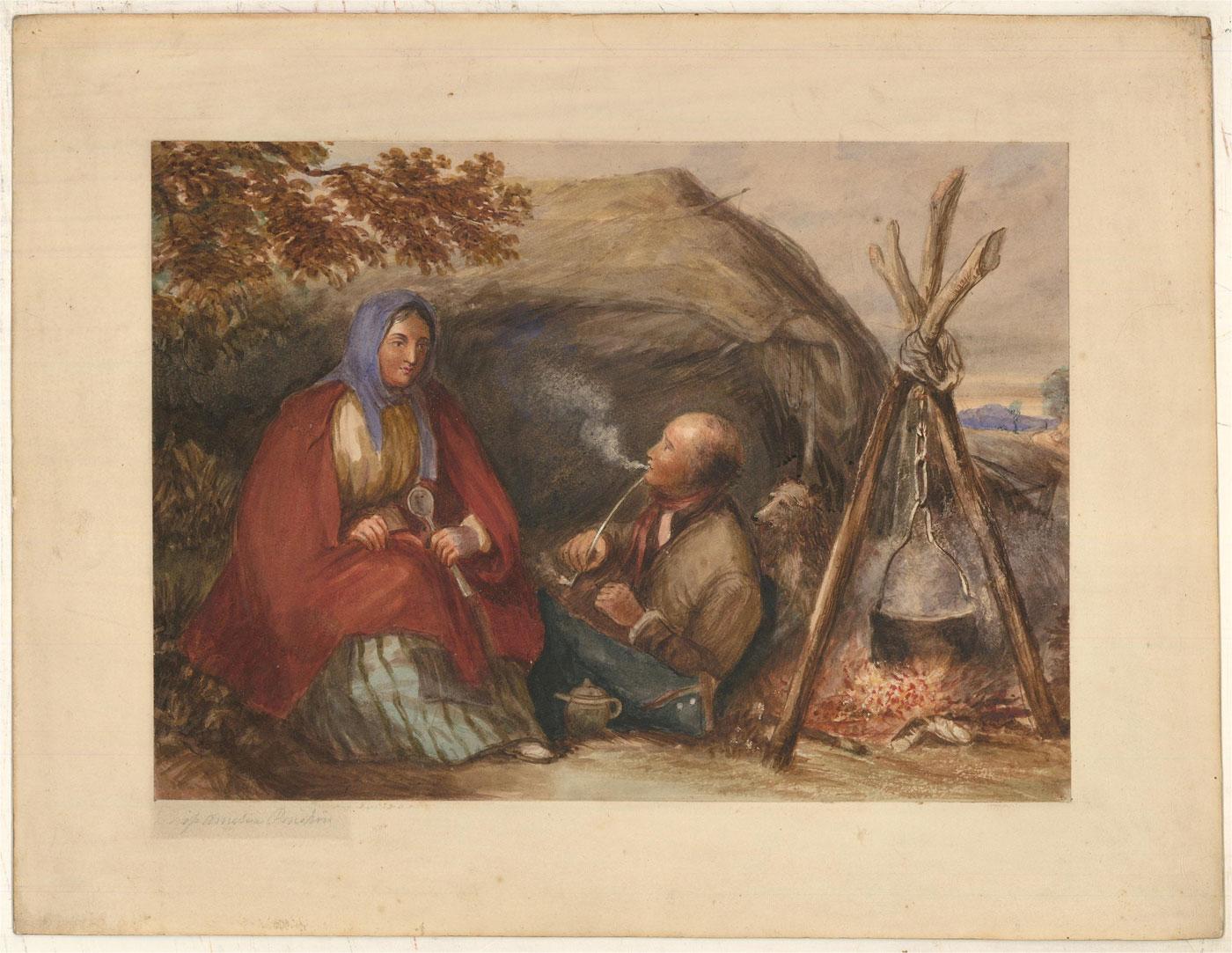 Mid 19th Century Watercolour - Travellers Beside a Fire - Art by Unknown