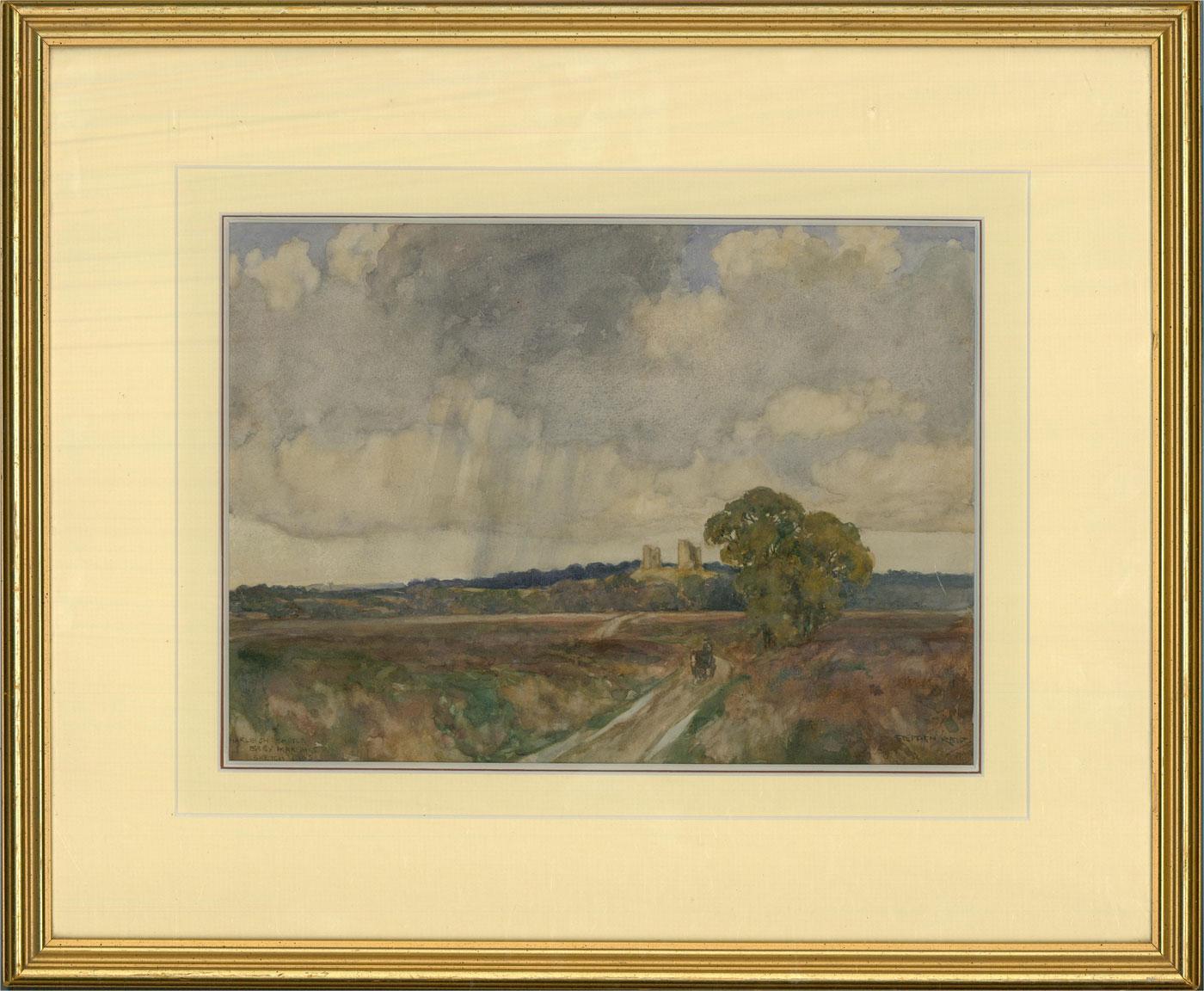 Ein rustikales Aquarell aus dem frühen 20. Jahrhundert, das einen Blick auf Harleigh Castle in der Ferne über die Sümpfe von Essex zeigt. Der Künstler hat rechts unten signiert und links unten den Ort und das Datum vermerkt. Das Gemälde ist in einem