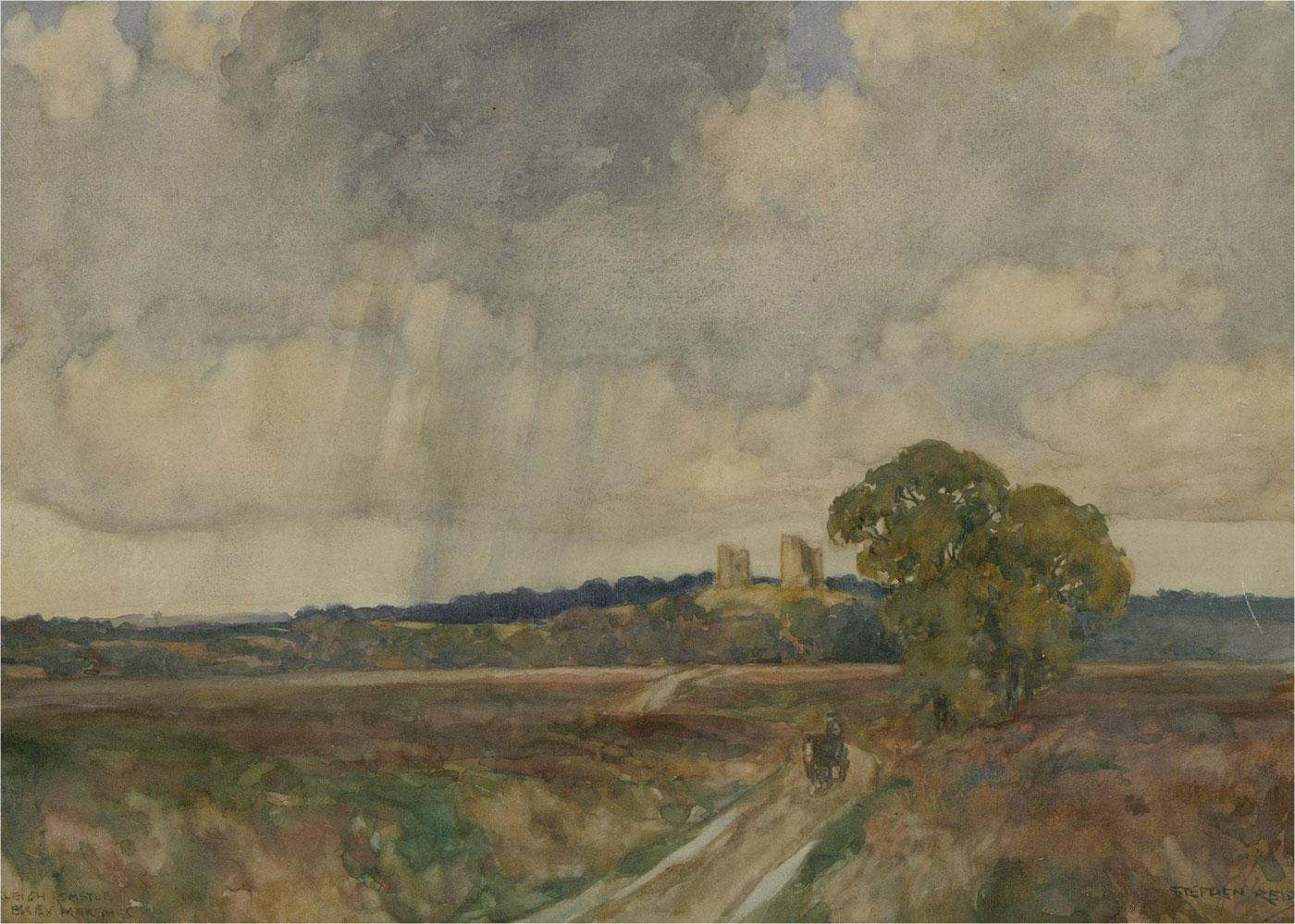 A rustic early 20th Century watercolour showing a distant view of Harleigh Castle across the Essex marshes. The artist has signed to the lower right and inscribed the location and date to the lower left. The painting has been presented in a simple
