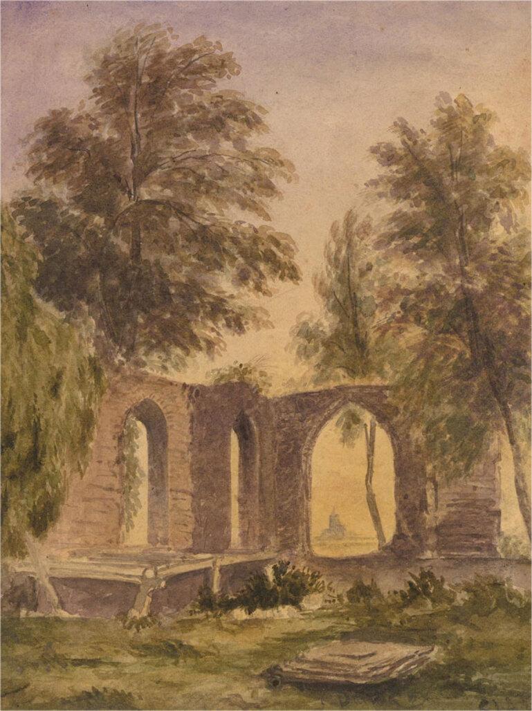 An accomplished watercolour painting by the artist David Cox Jnr. The scene depicts a lonely set of ruins in the quiet woodlands. Signed to the lower right. On wove.