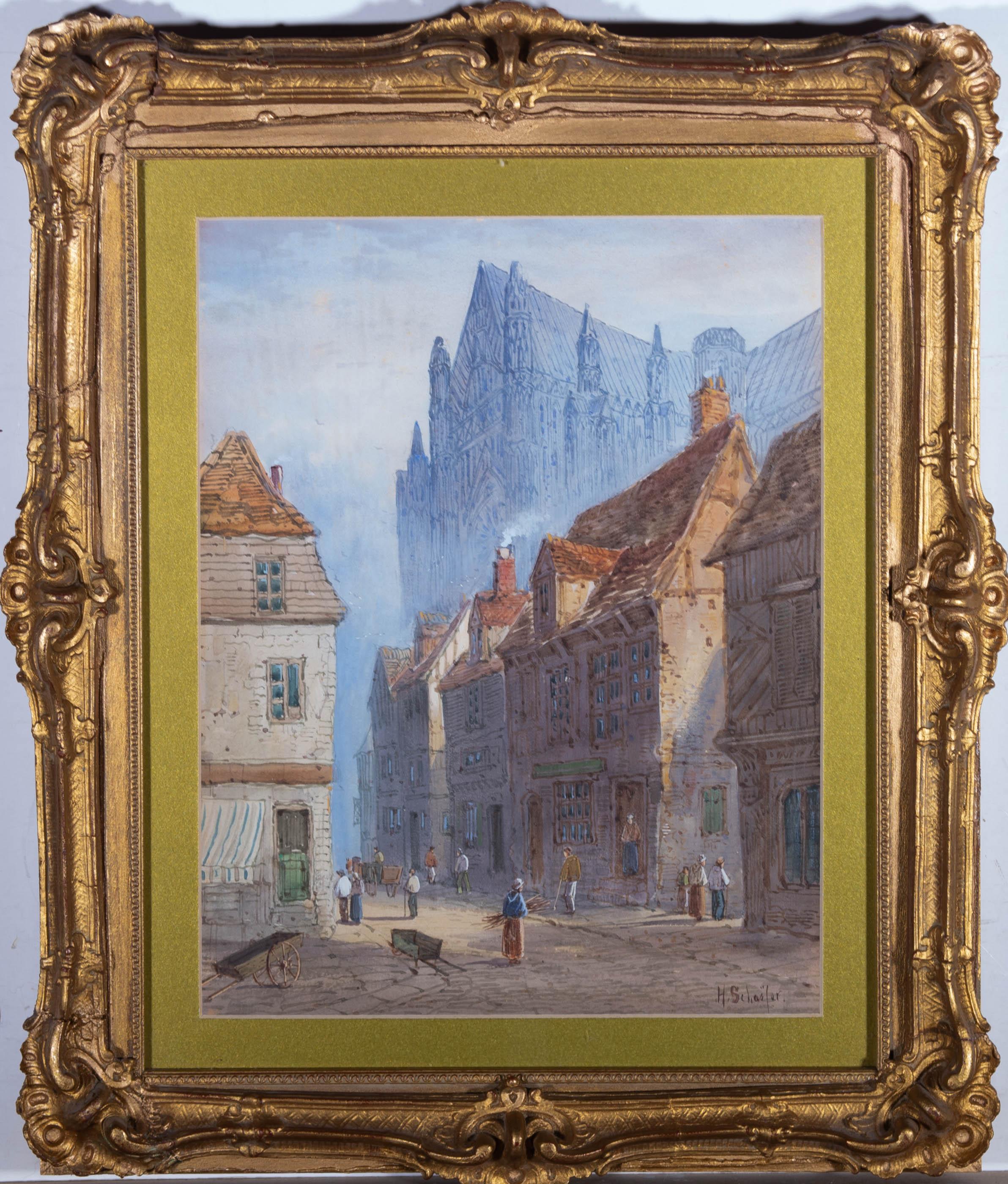 This charming scene depicts a cobbled street filled with figures completing daily tasks. A grand cathedral sits in the background of the scene, towering over the town houses and shops. The artist has captured this continental town in fine