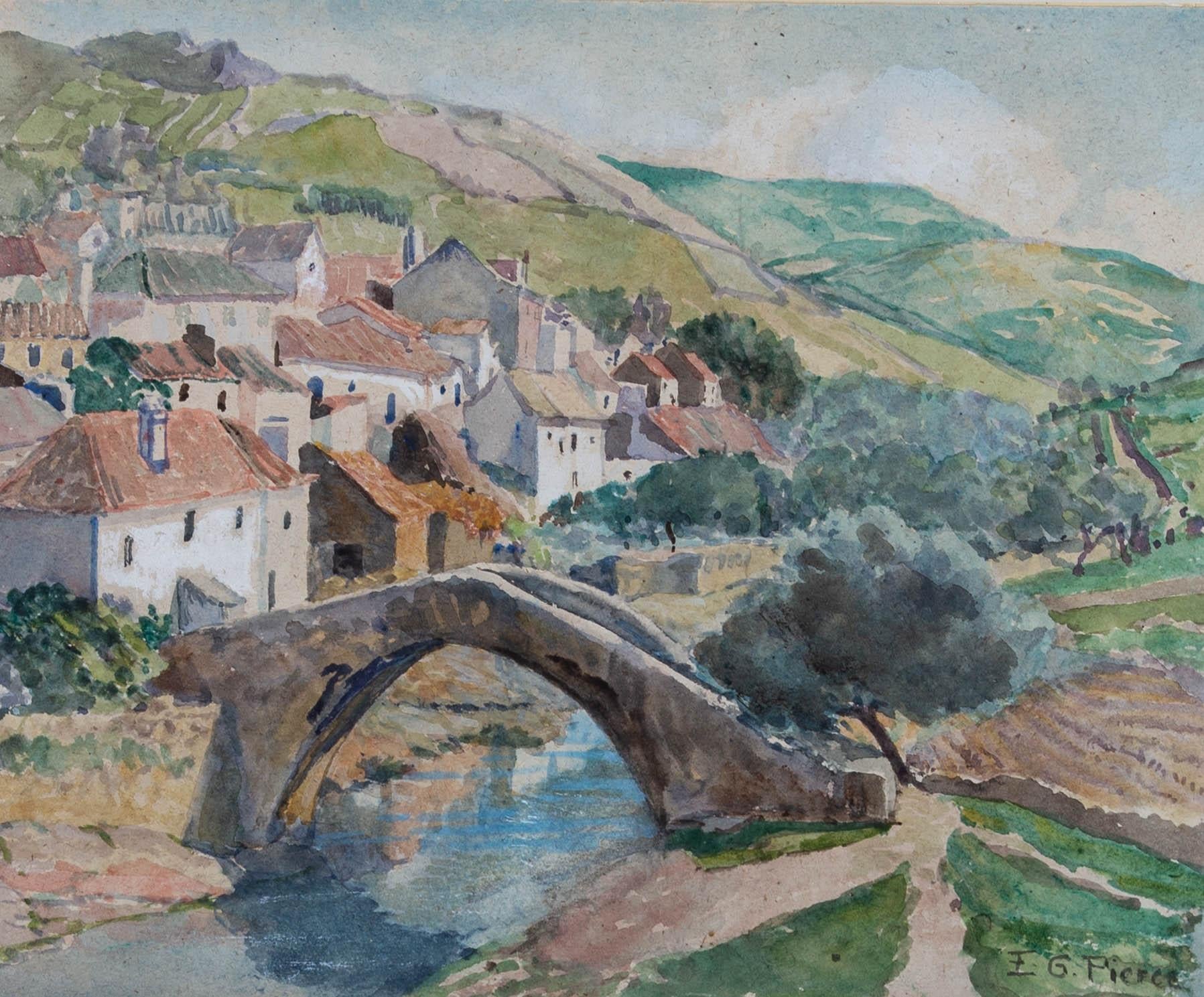 Evelyn G. Pierce - Framed Early 20th Century Watercolour, Continental Village For Sale 1