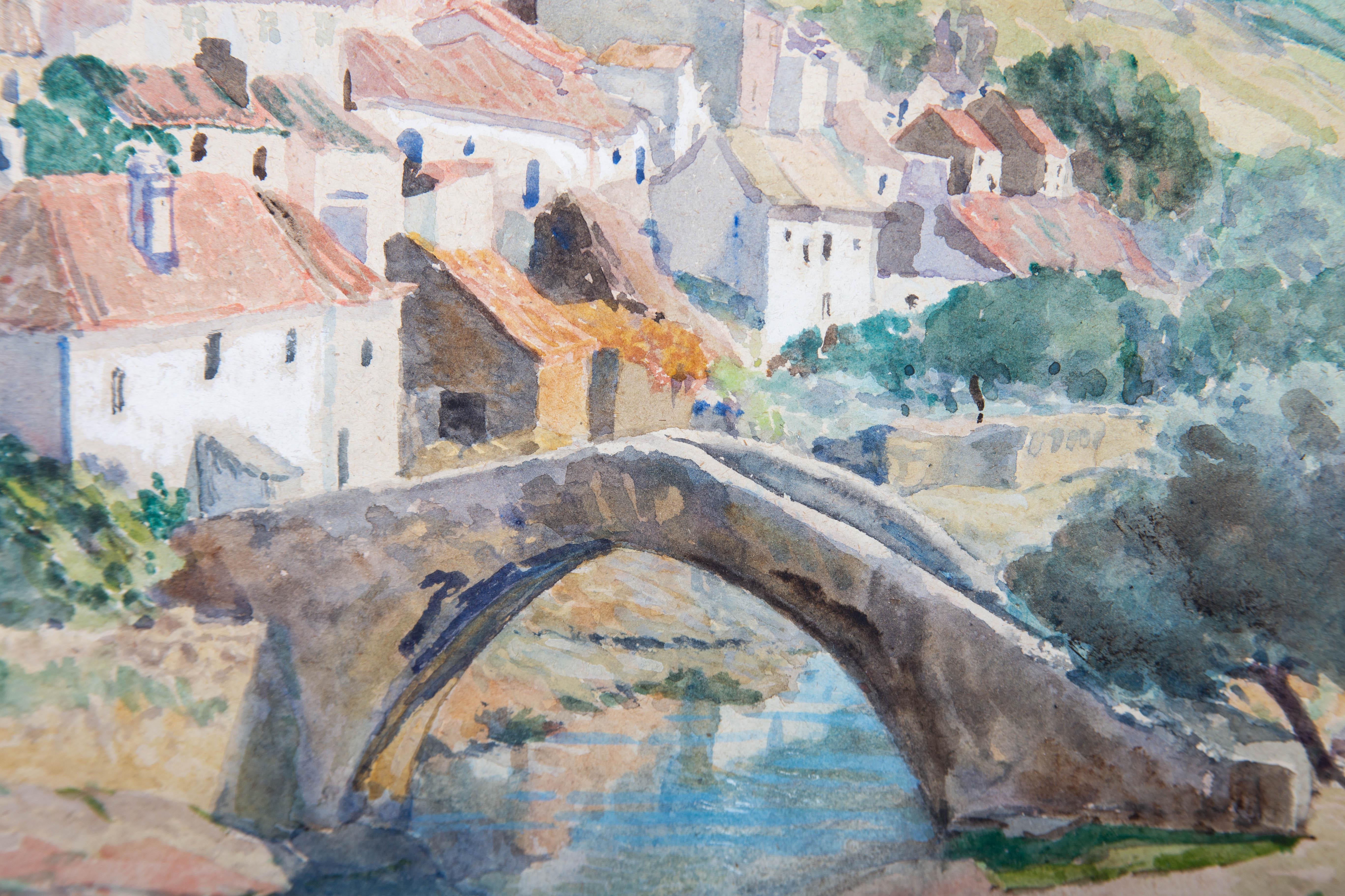 Evelyn G. Pierce - Aquarelle encadrée du début du 20e siècle, Village continental en vente 3