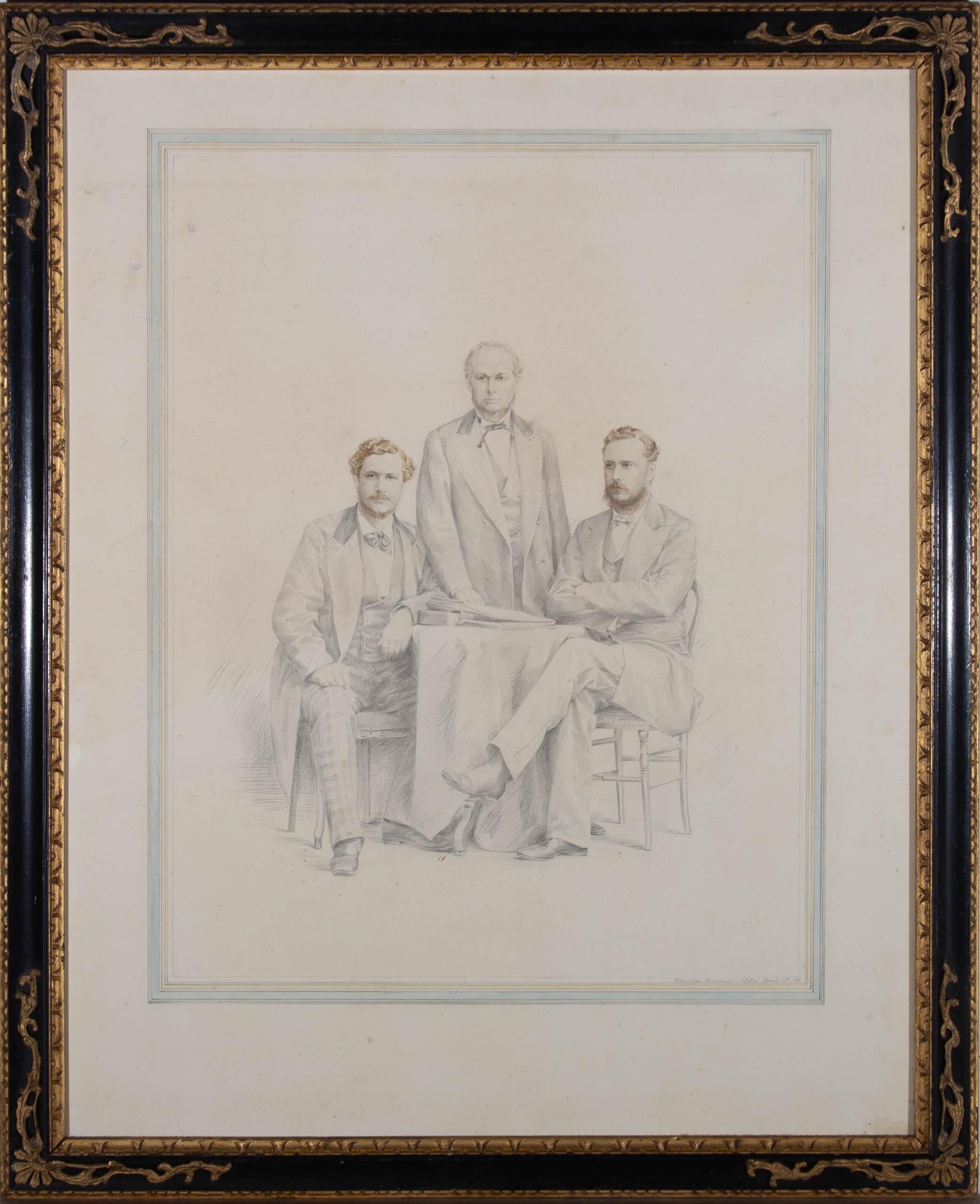 Portrait Unknown - Drawing en graphite de la fin du XIXe siècle - Père et fils