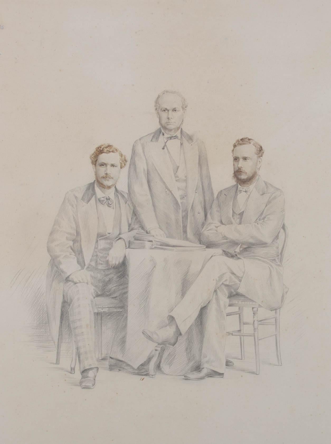 A very fine graphite drawing with incredibly delicate watercolour bodywork. The drawing shows a proud father standing between his two seated sons. All Three are handsomely dressed in the height of fashion for the 1860s. The inscription at the lower