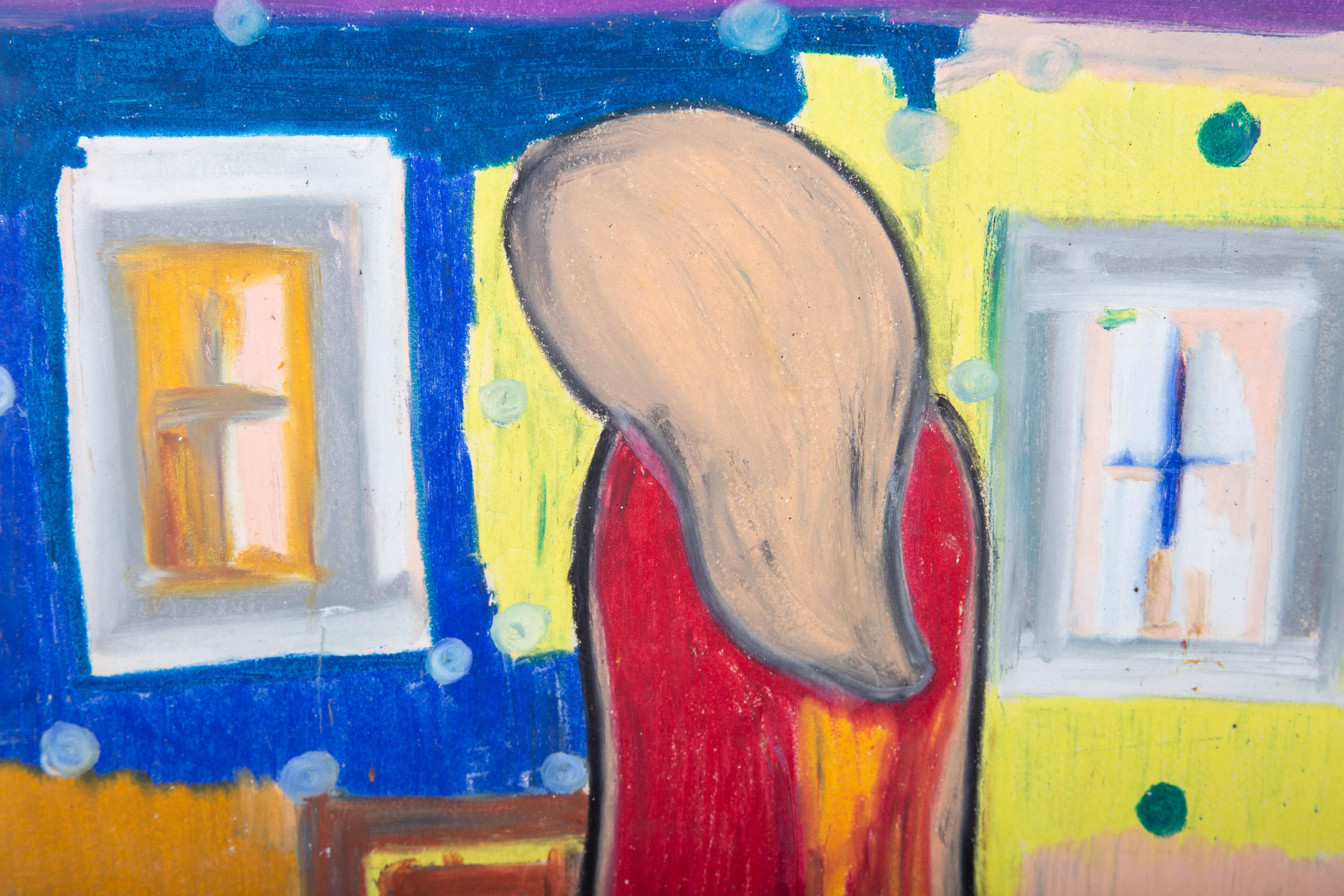 A striking and lyrical oil pastel scene showing a woman in a red cloak standing outside of a rainbow house. The artist has signed and dated to the lower right and the artwork has been presented in a Dutch style black frame with gilt inner window. On