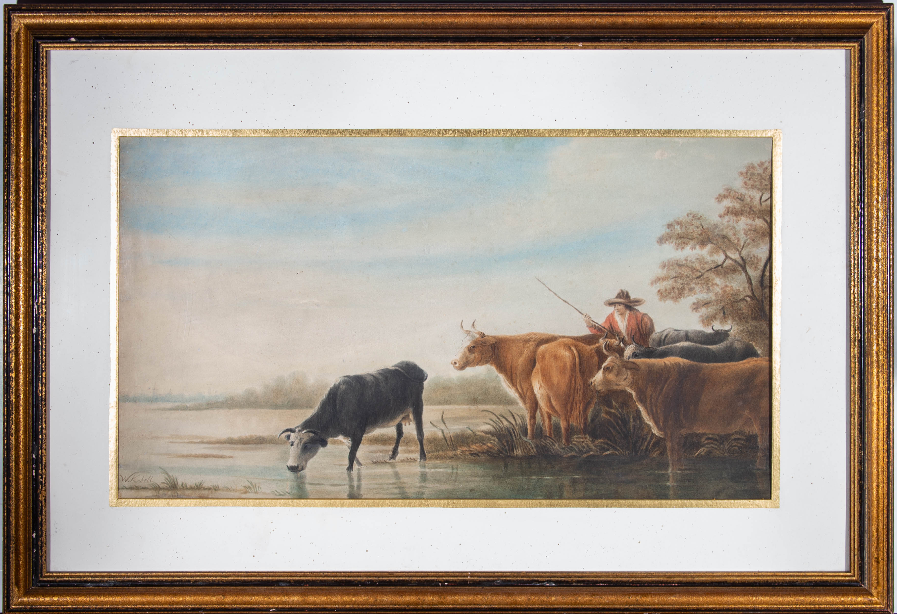 Beautiful and scenic watercolour of a farmer tending to his cattle. The figures and cows are highly detailed. The painting is framed in an ornate gilt and black frame with a speckled white mount with a gold inner window border. the painting is