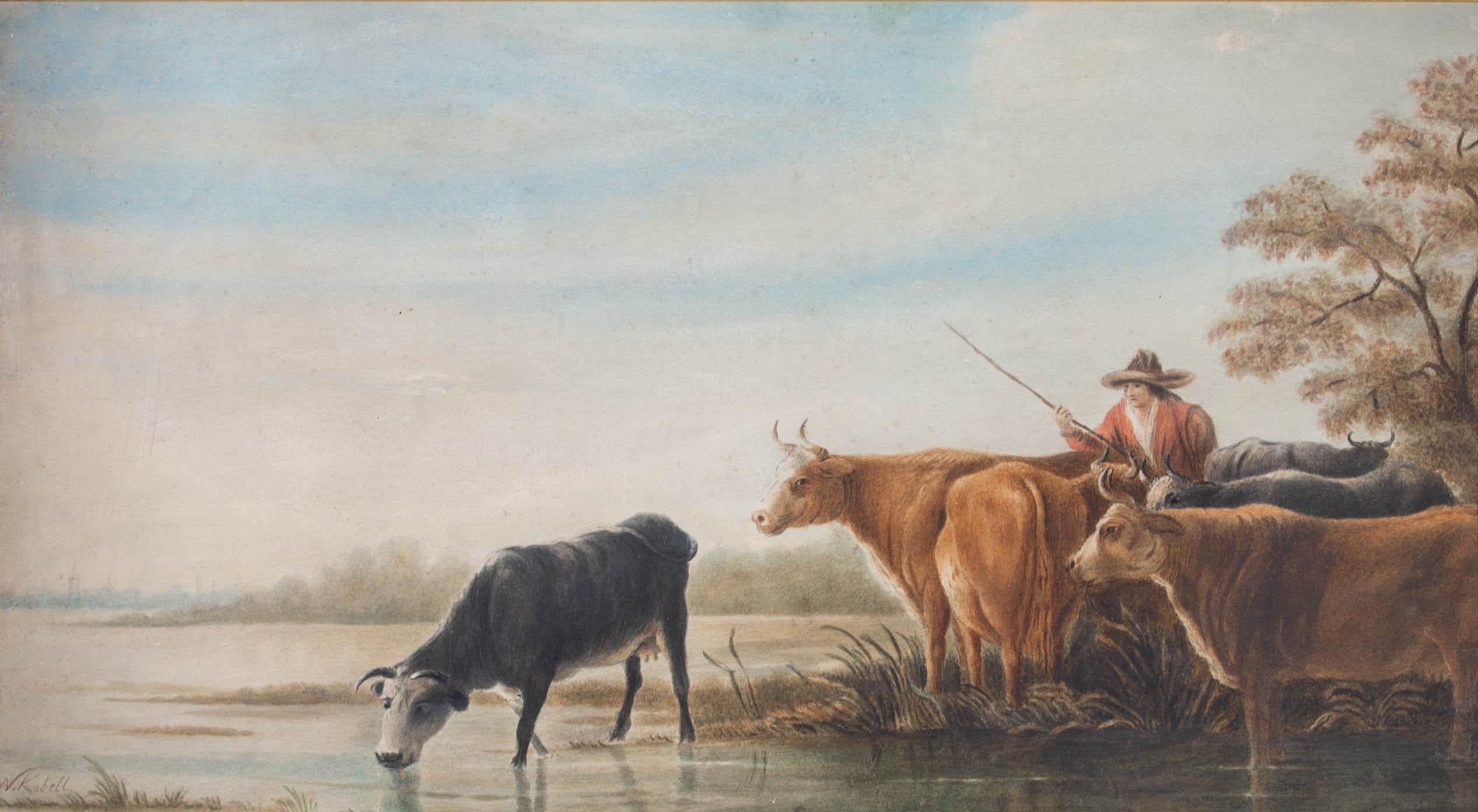 W. Kobell - Framed 19th Century Watercolour, Drinking Cows For Sale 1